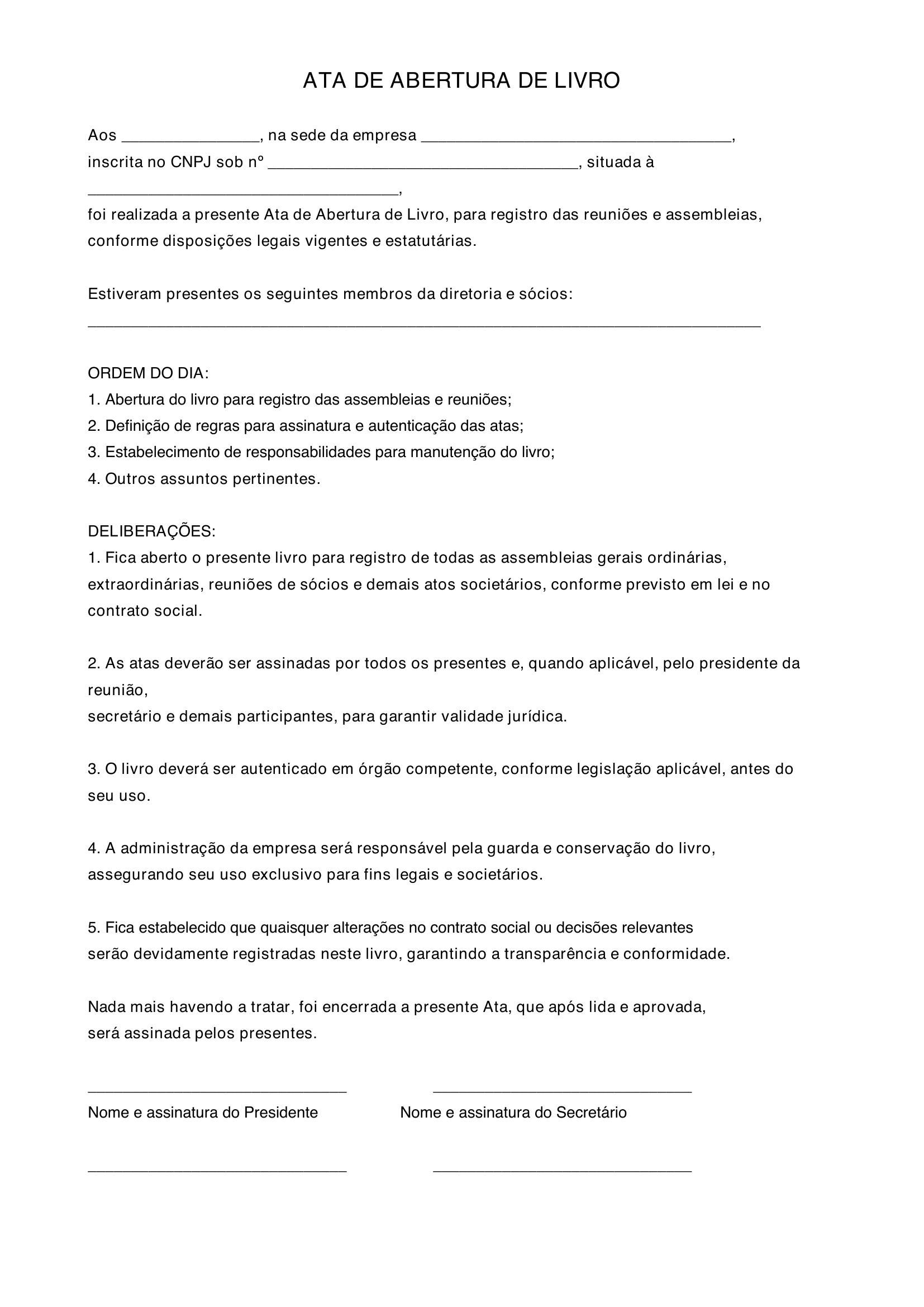 Modelo De Abertura De Livro Ata