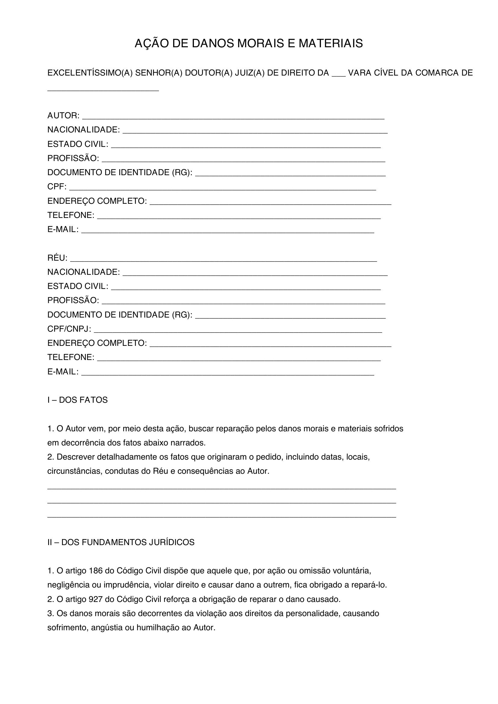 Modelo De Ação De Danos Morais E Materiais
