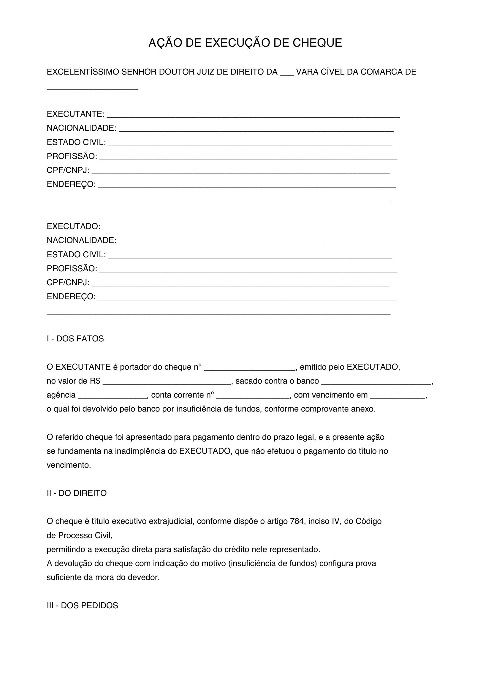 Modelo De Ação De Execução De Cheque
