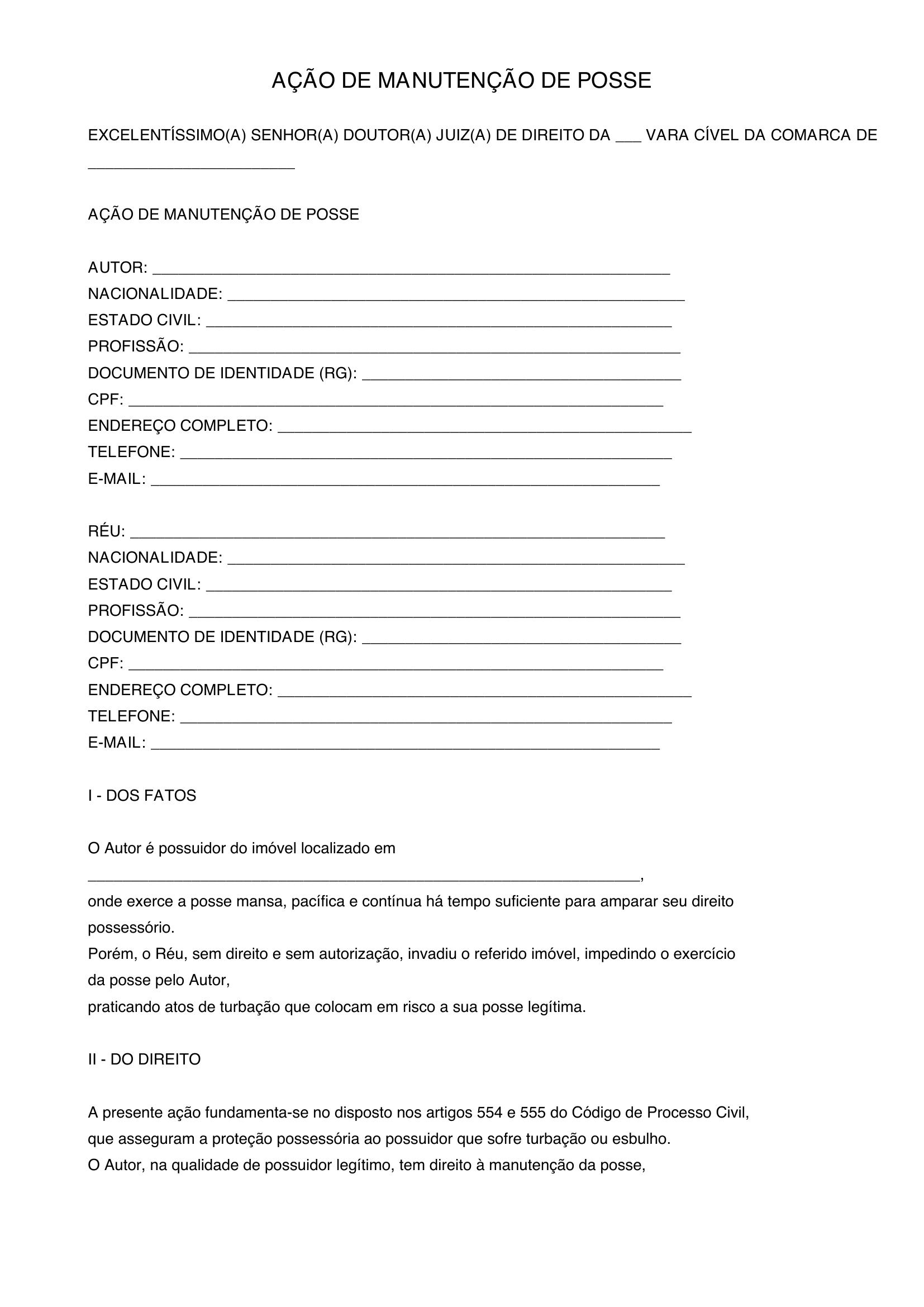 Modelo De Ação De Manutenção De Posse