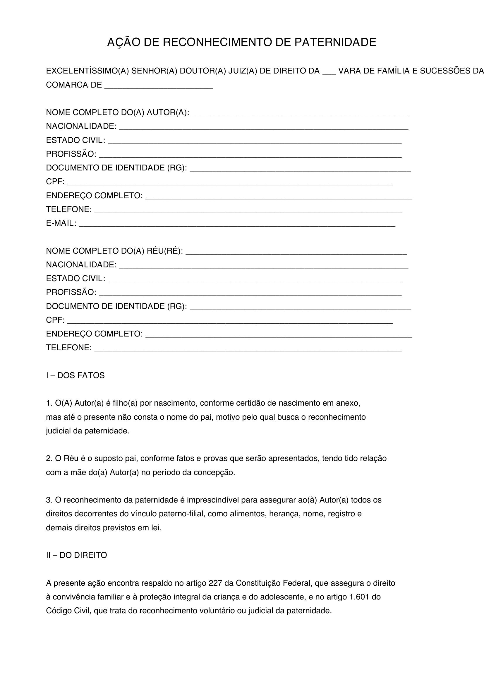 Modelo De Ação De Reconhecimento De Paternidade