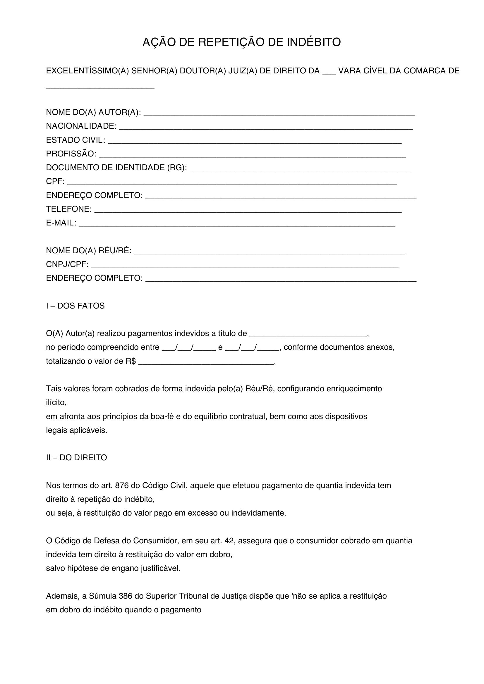 Modelo De Ação De Repetição De Indébito
