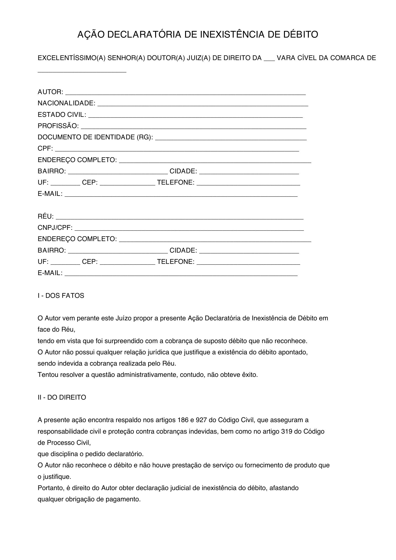 Modelo De Ação Declaratória De Inexistência De Débito