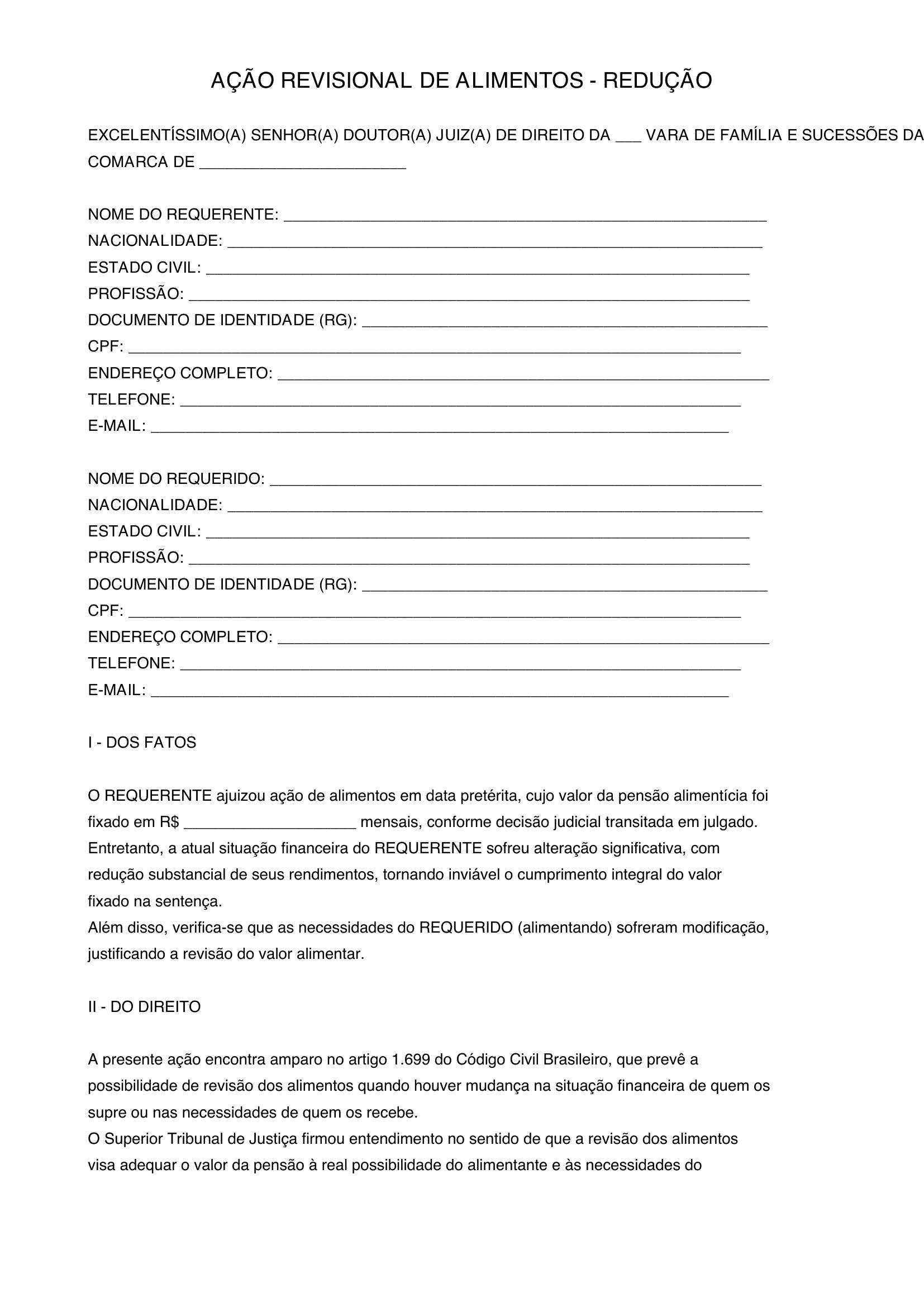 Modelo De Ação Revisional De Alimentos Redução