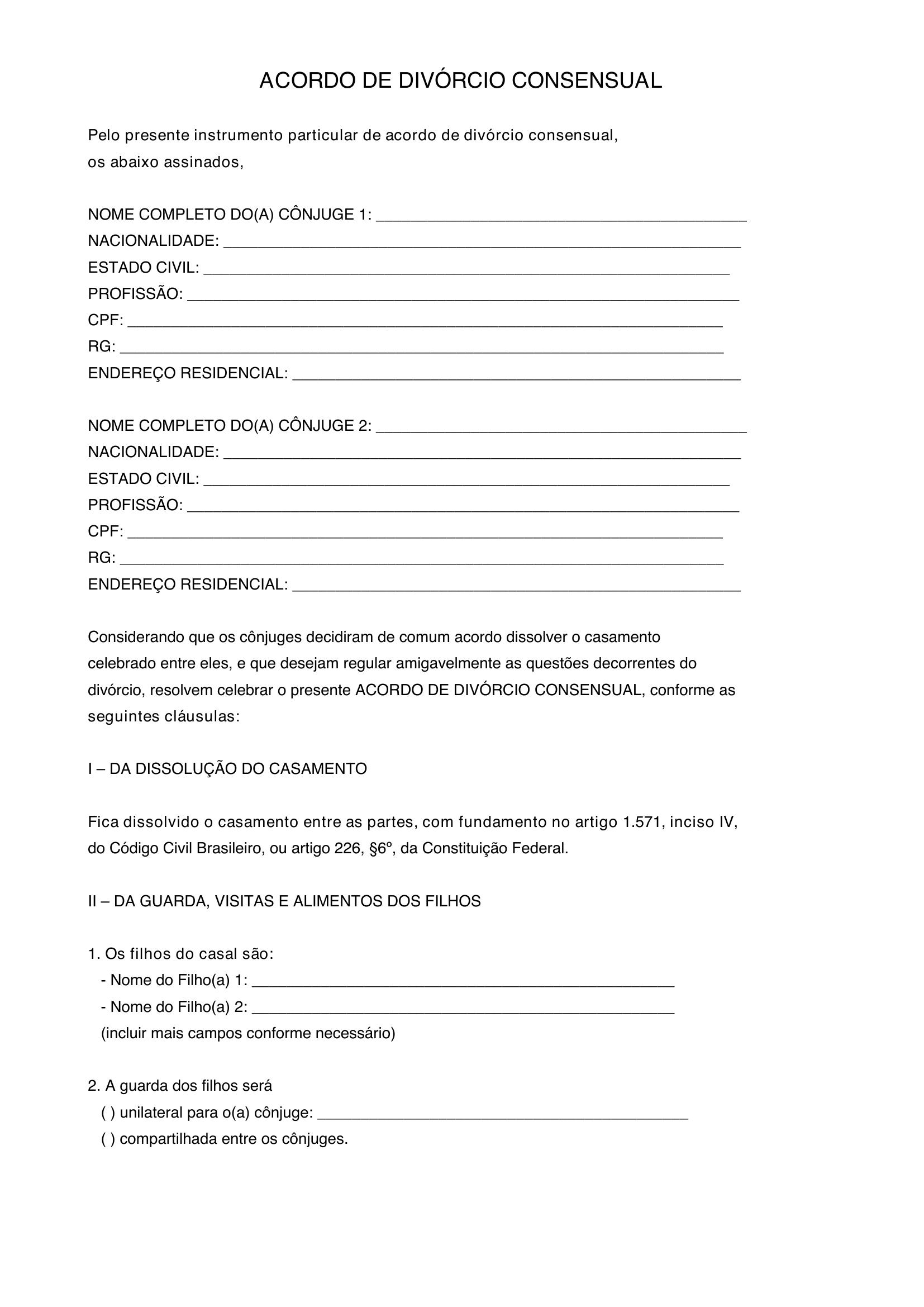 Modelo De Acordo De Divorcio