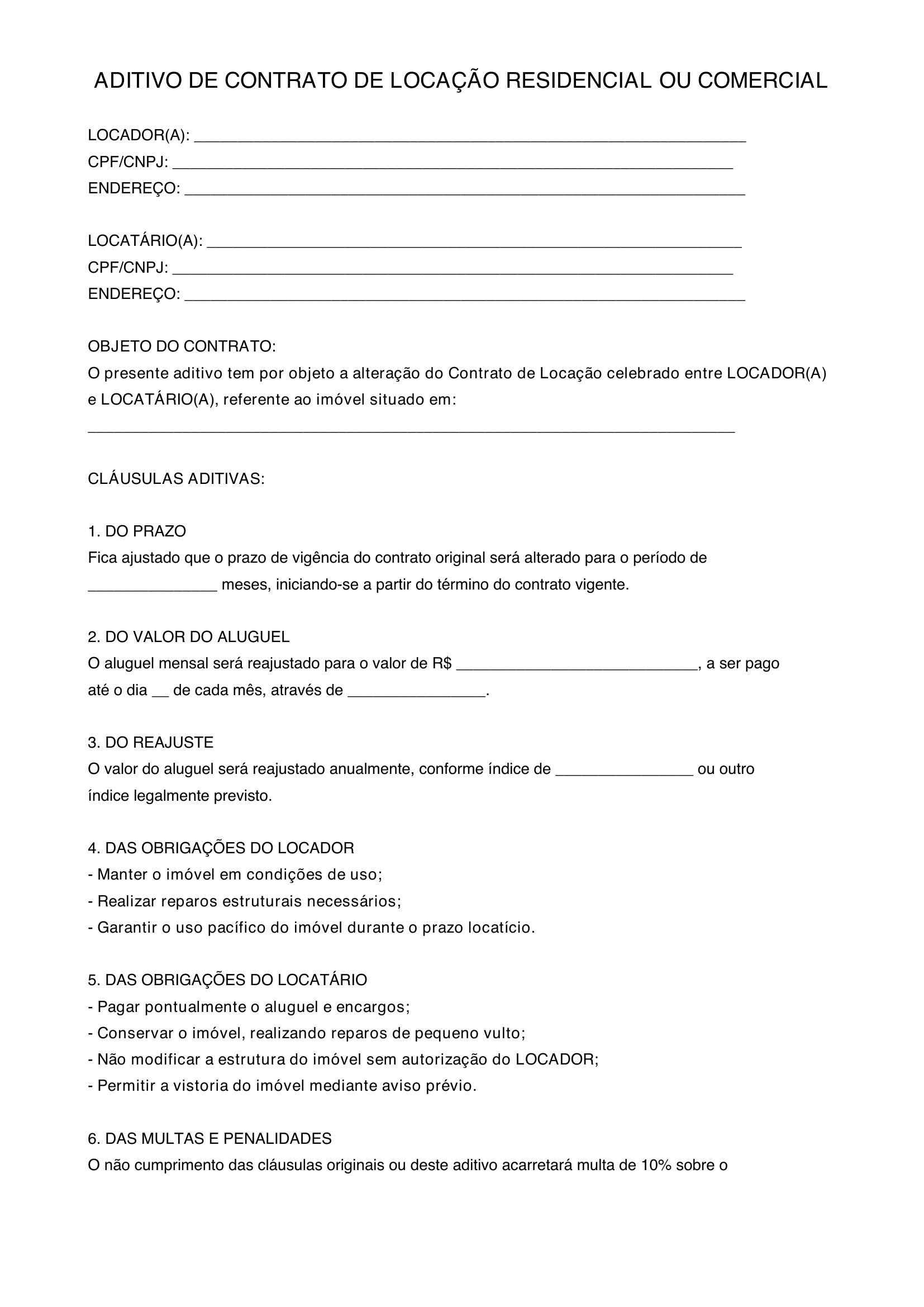 Modelo De Aditivo De Contrato De Aluguel
