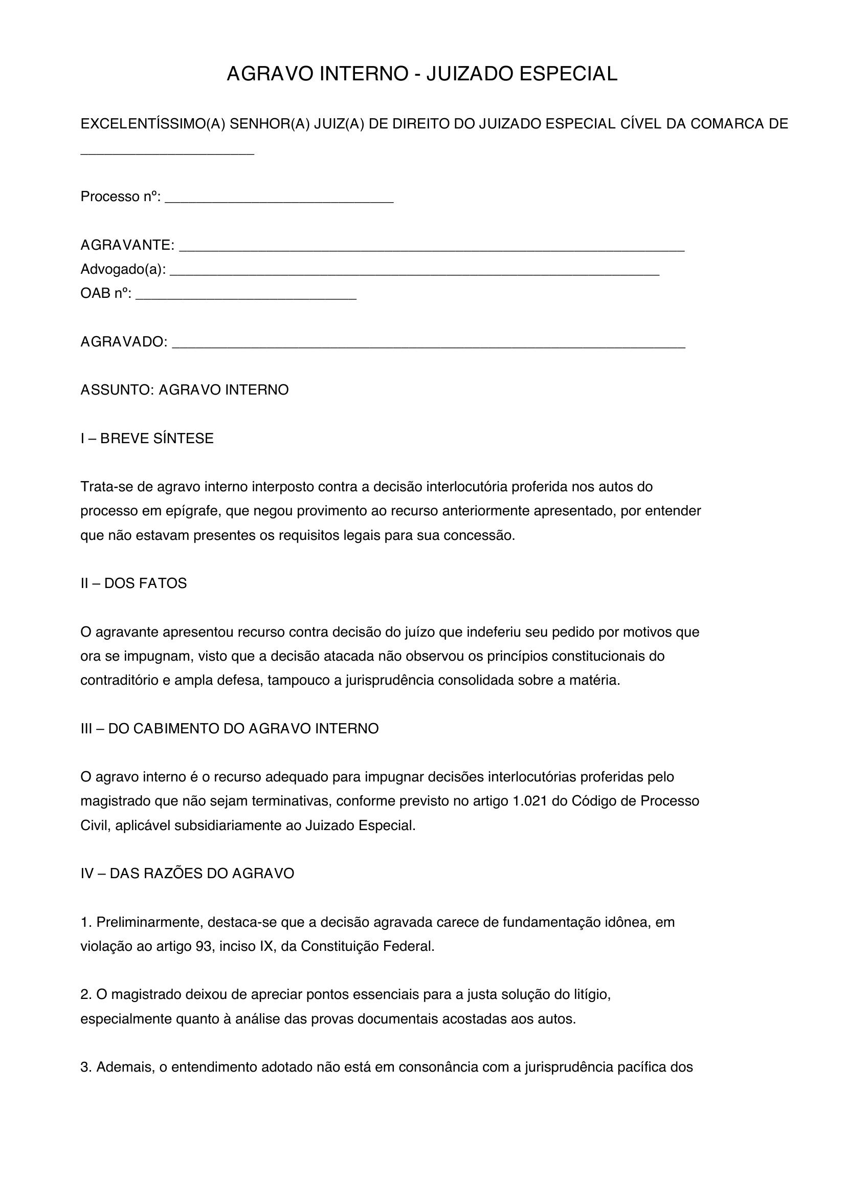 Modelo Agravo Interno Juizado Especial