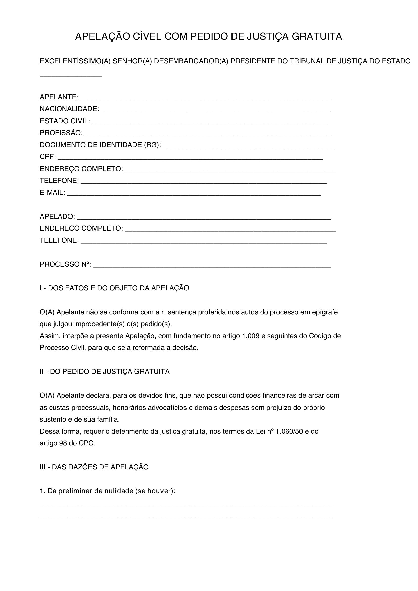 Modelo De Apelação Com Pedido De Justiça Gratuita