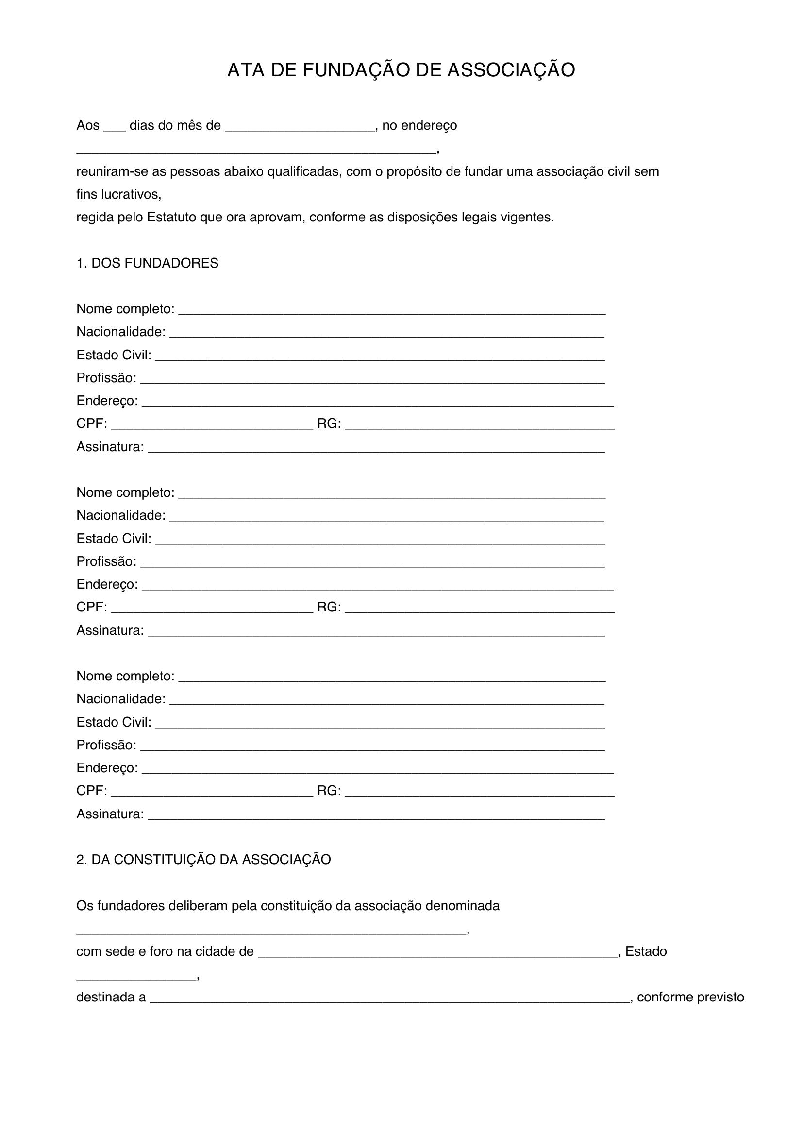 Modelo De Ata De Fundação De Associação