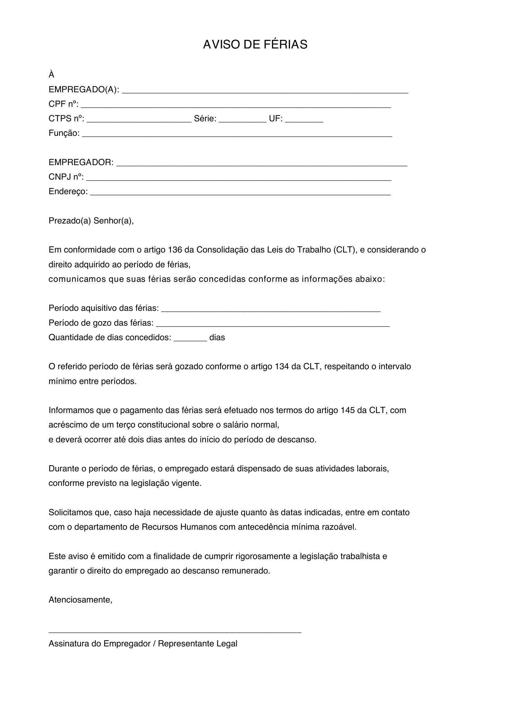 Aviso De Férias Modelo