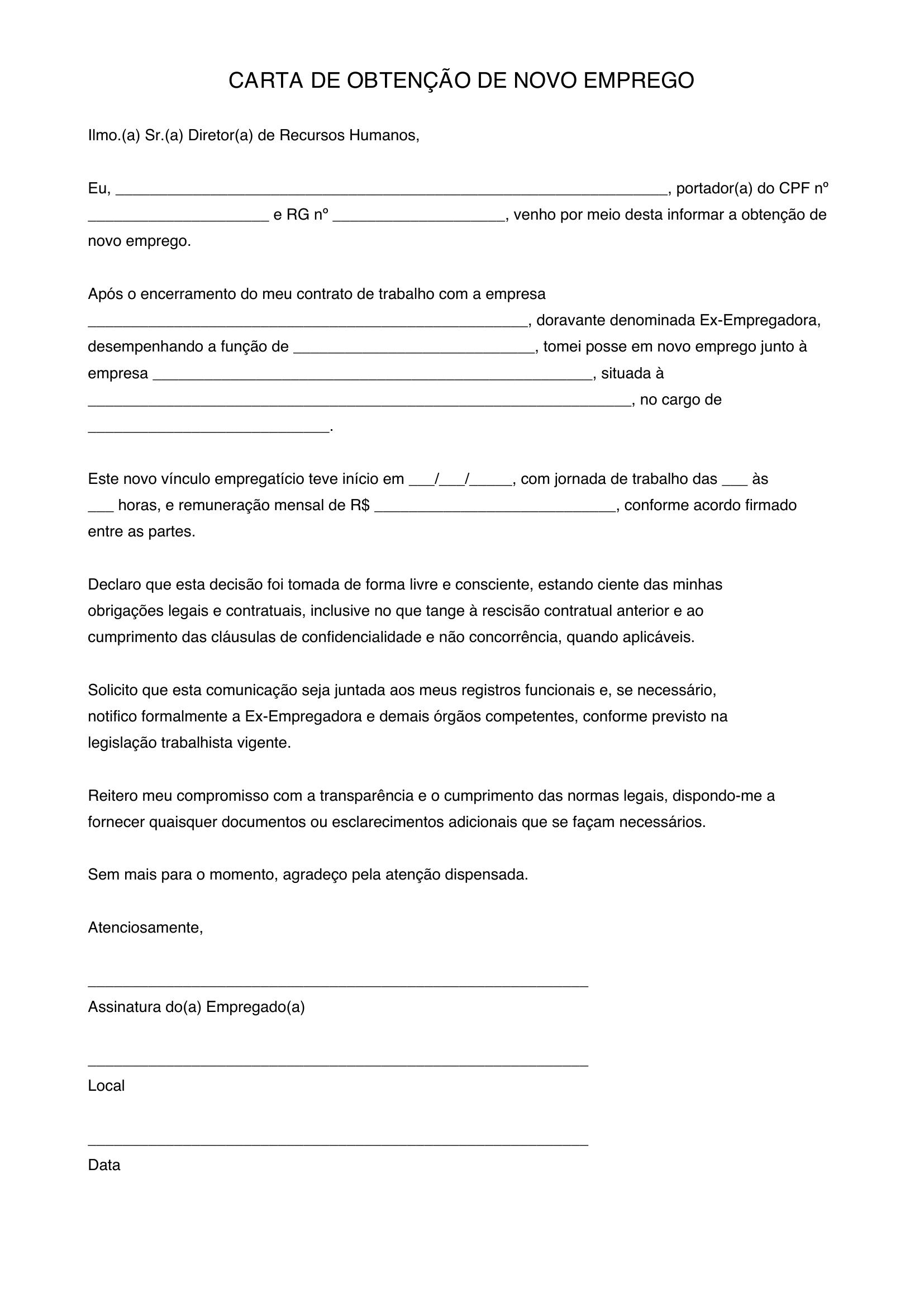 Carta De Obtenção De Novo Emprego Modelo