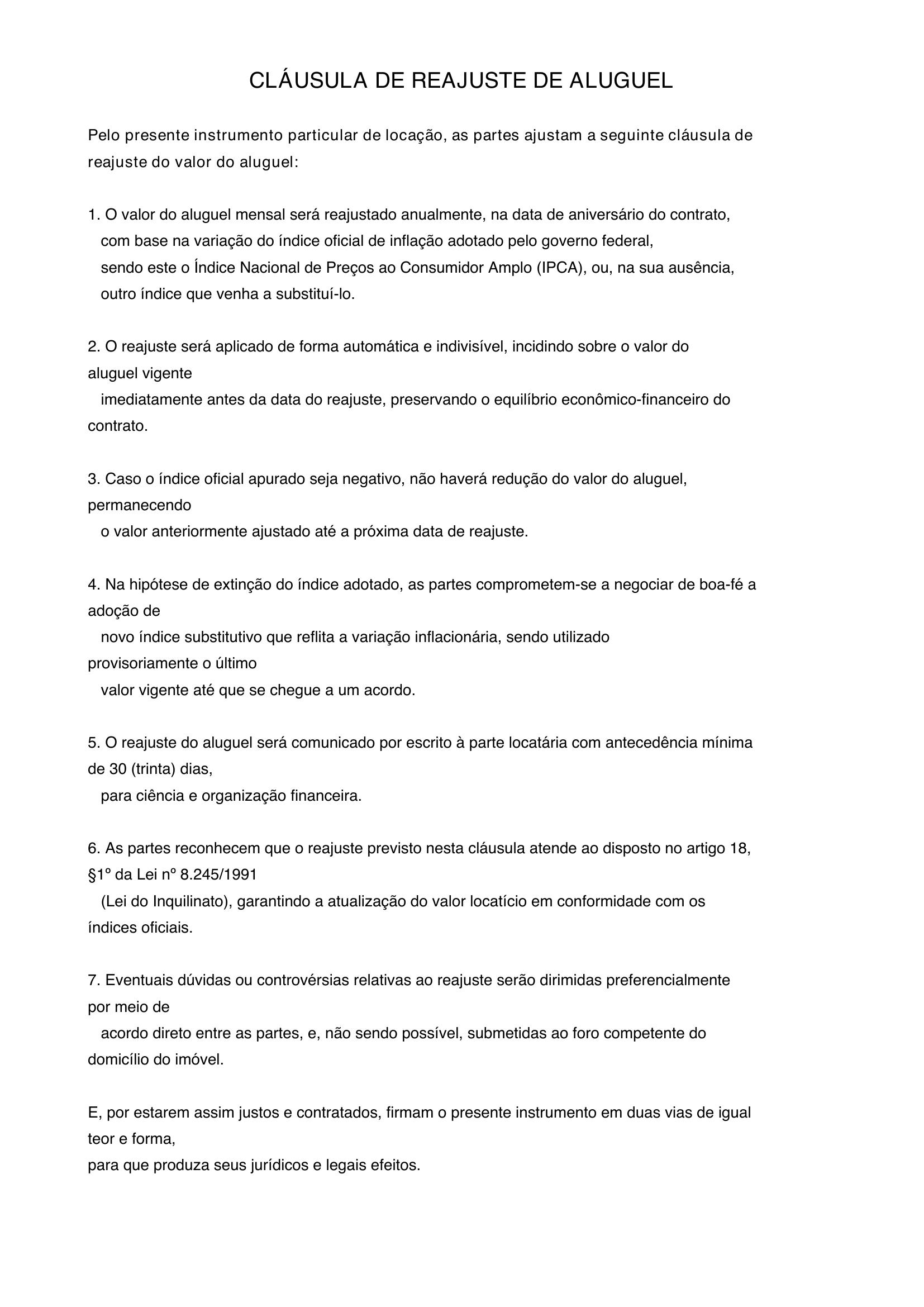 Modelo De Cláusula De Reajuste De Aluguel