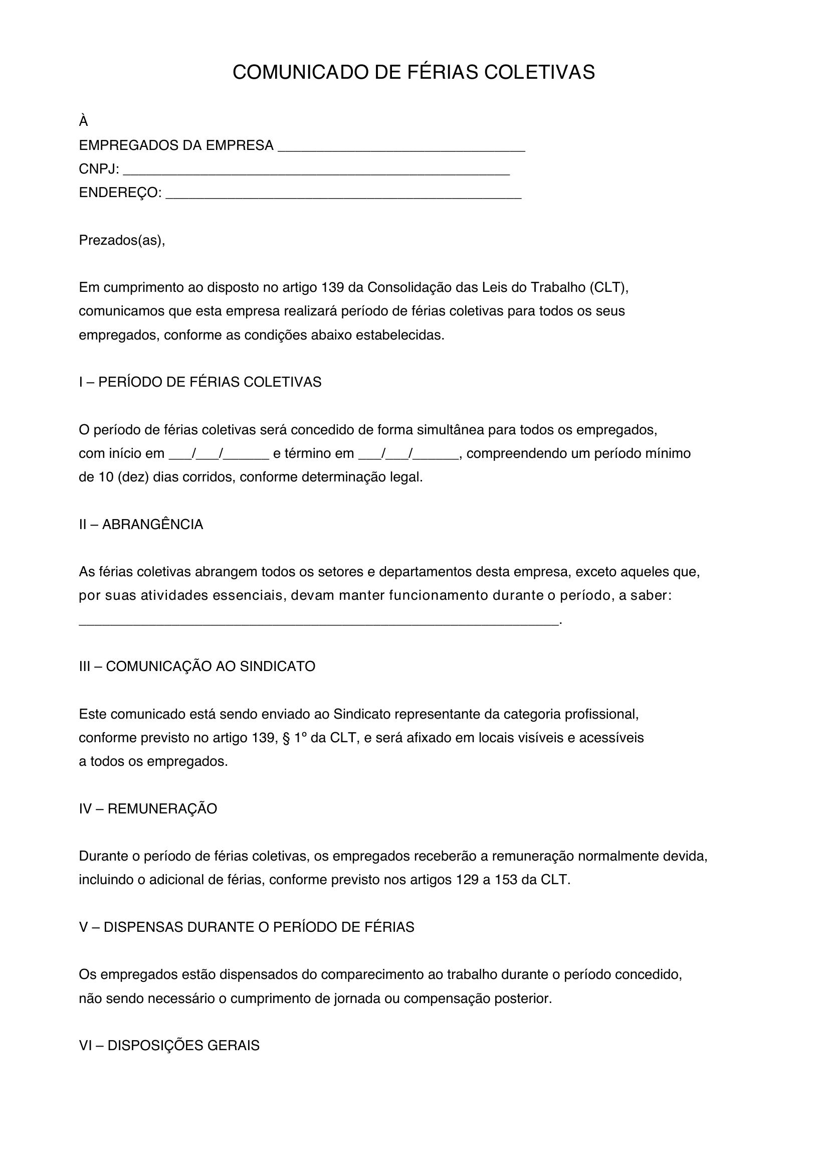 Modelo De Comunicado De Férias Coletivas