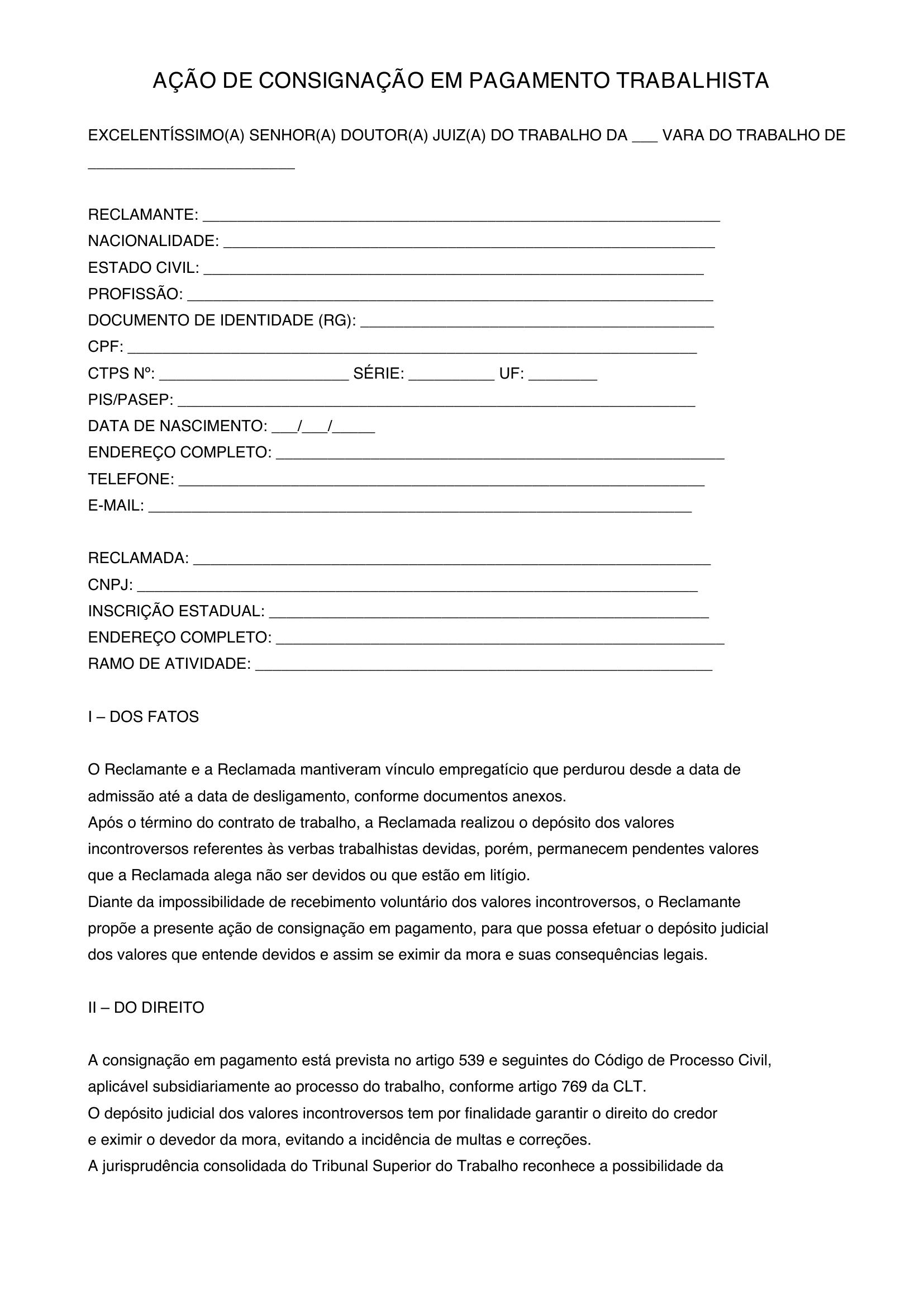 Modelo De Consignação Em Pagamento Trabalhista