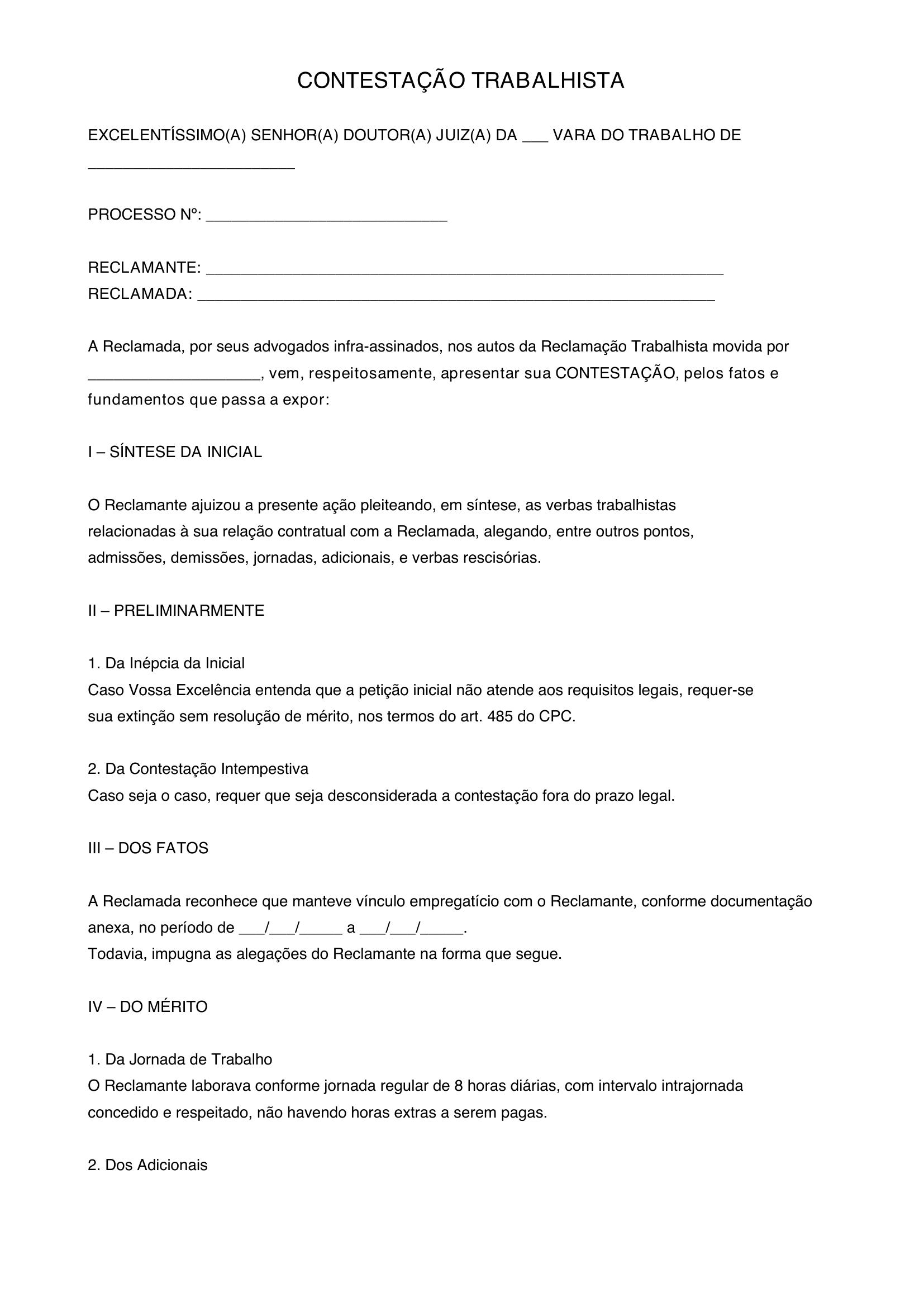 Modelo De Contestação Trabalhista