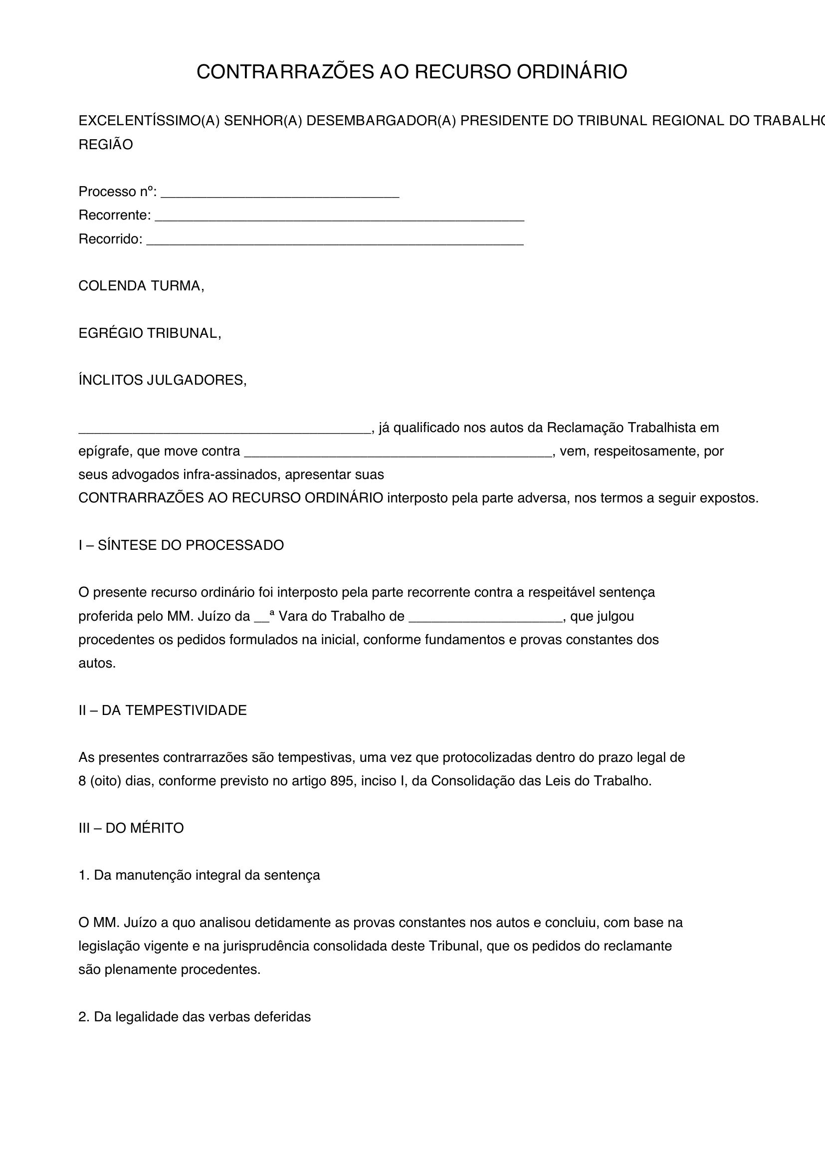 Modelo De Contrarrazões Ao Recurso Ordinário