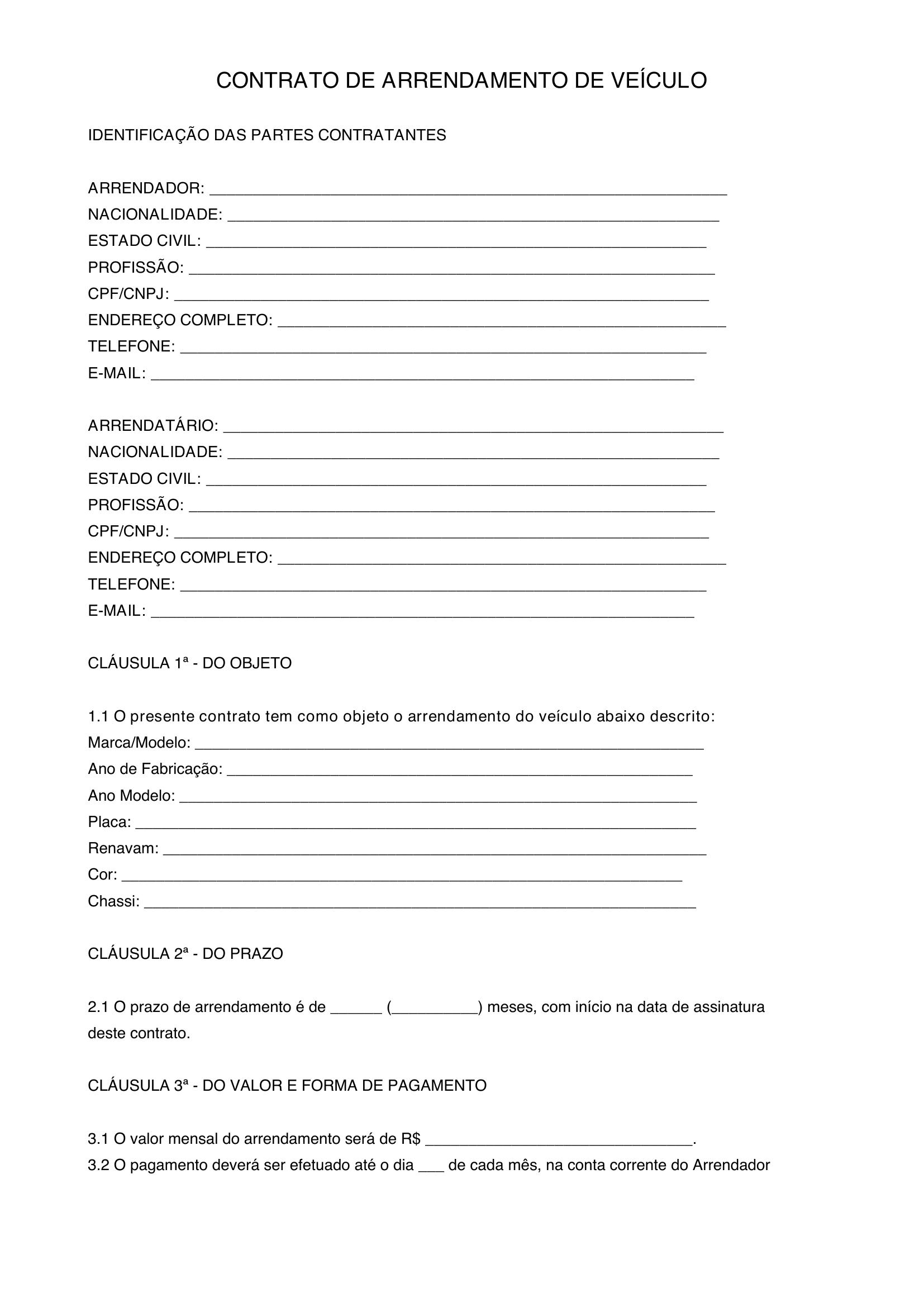Modelo De Contrato De Arrendamento De Veiculo
