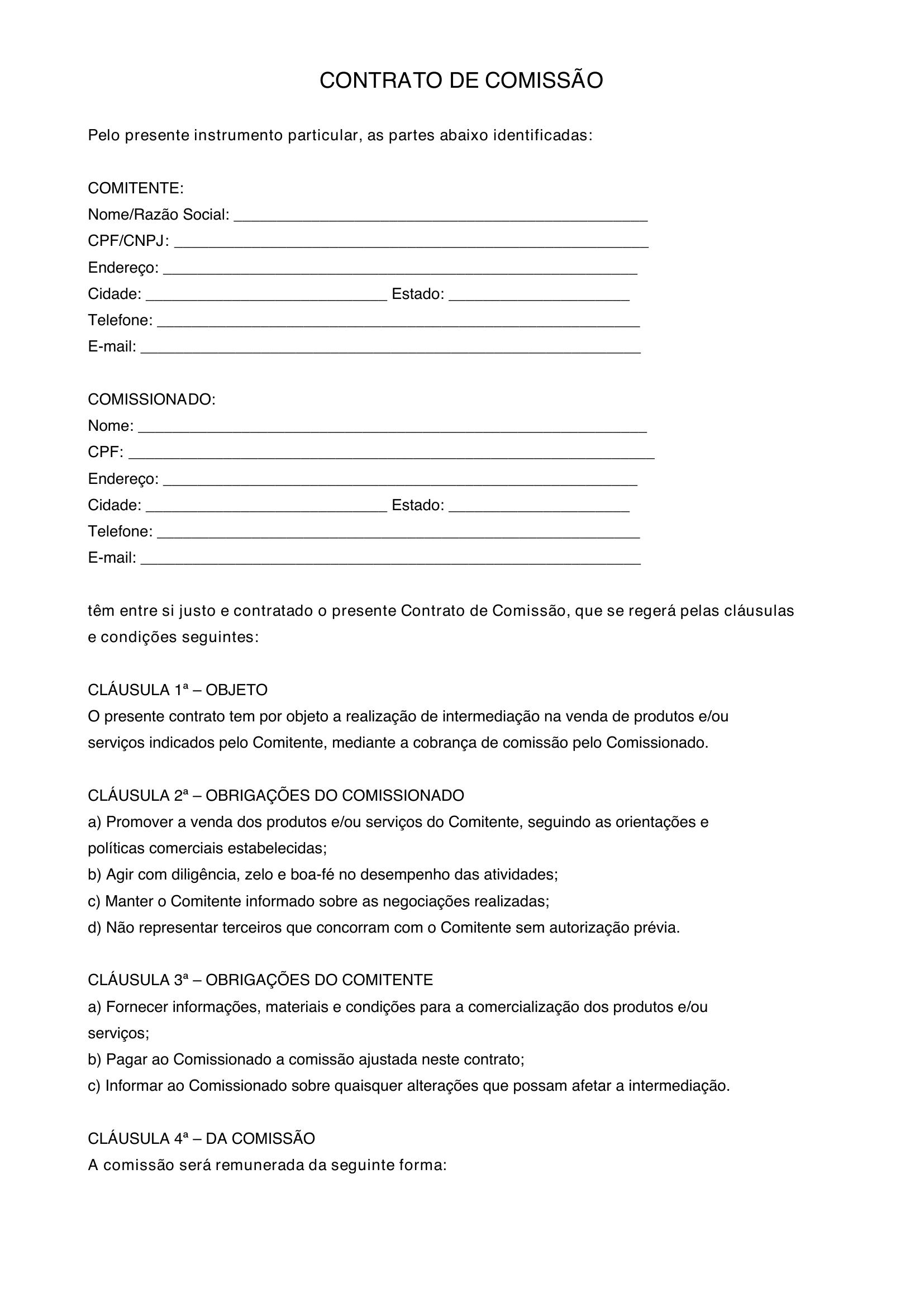 Modelo De Contrato De Comissão