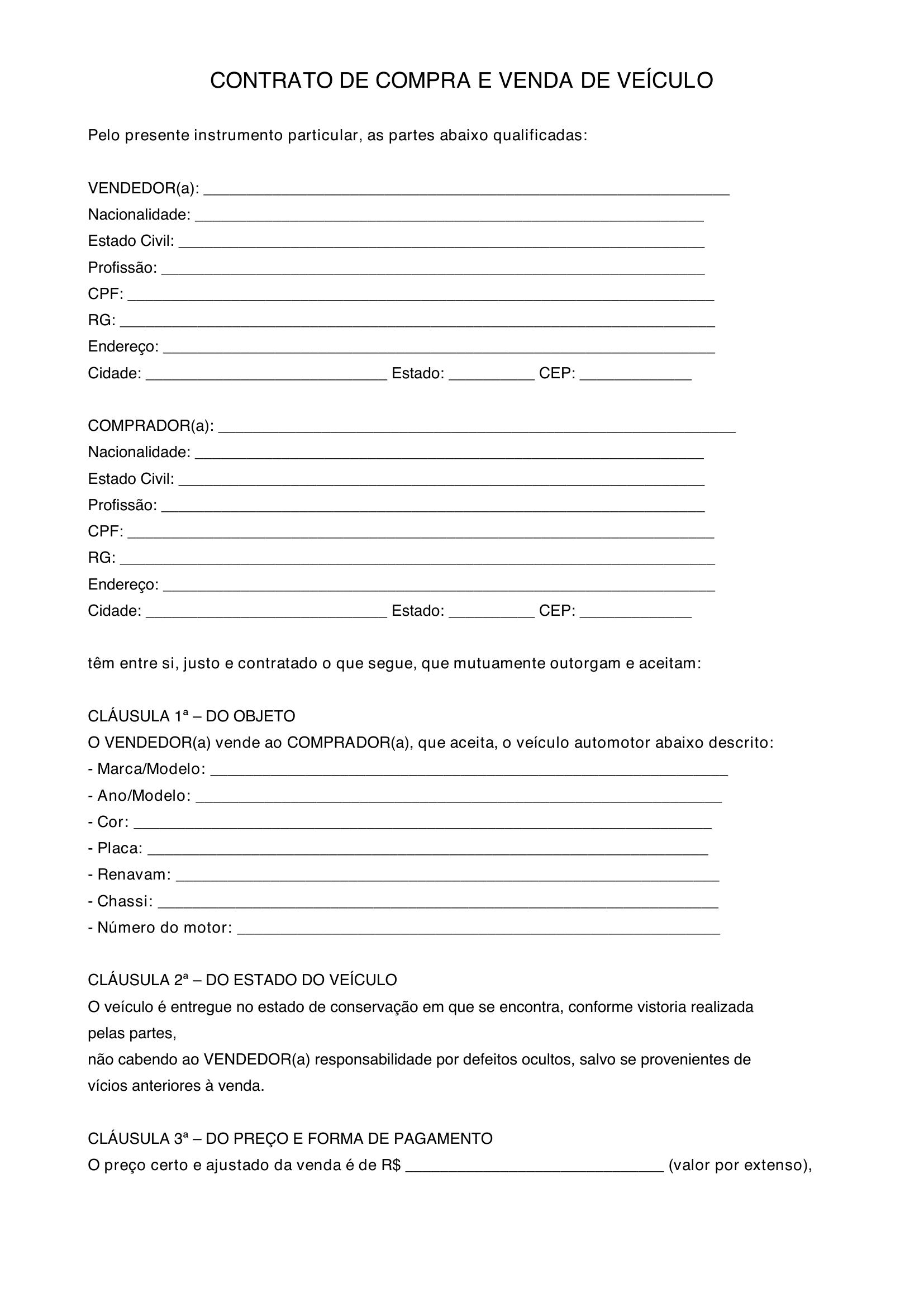 Modelo De Contrato De Compra E Venda De Veiculo