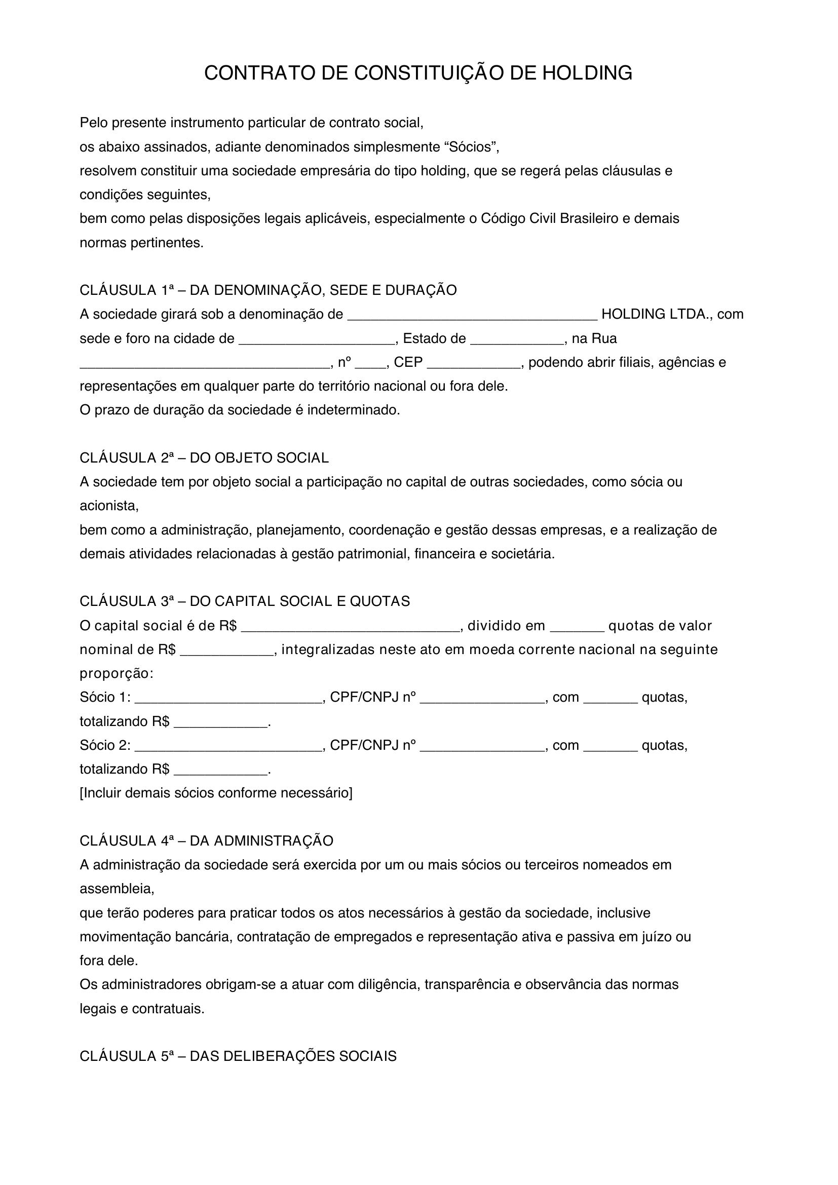 Modelo De Contrato De Holding