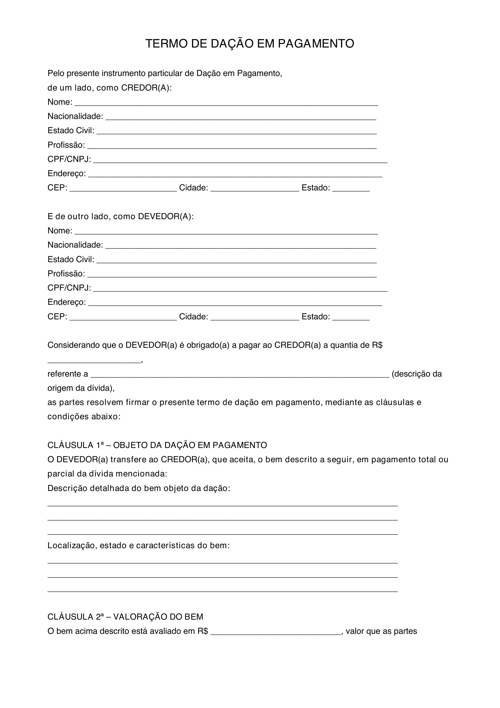 Dação Em Pagamento Modelo