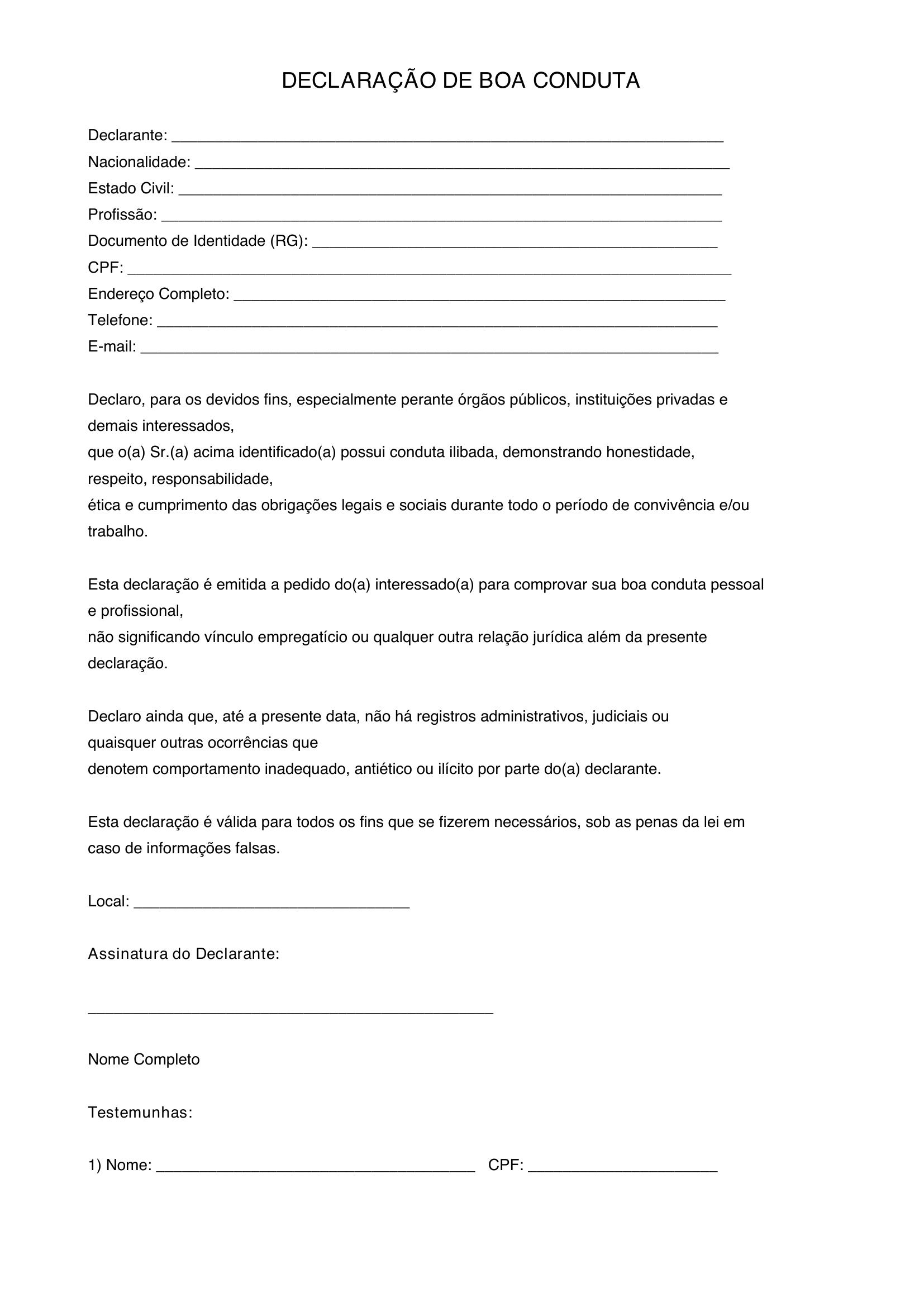 Modelo De Declaração De Boa Conduta