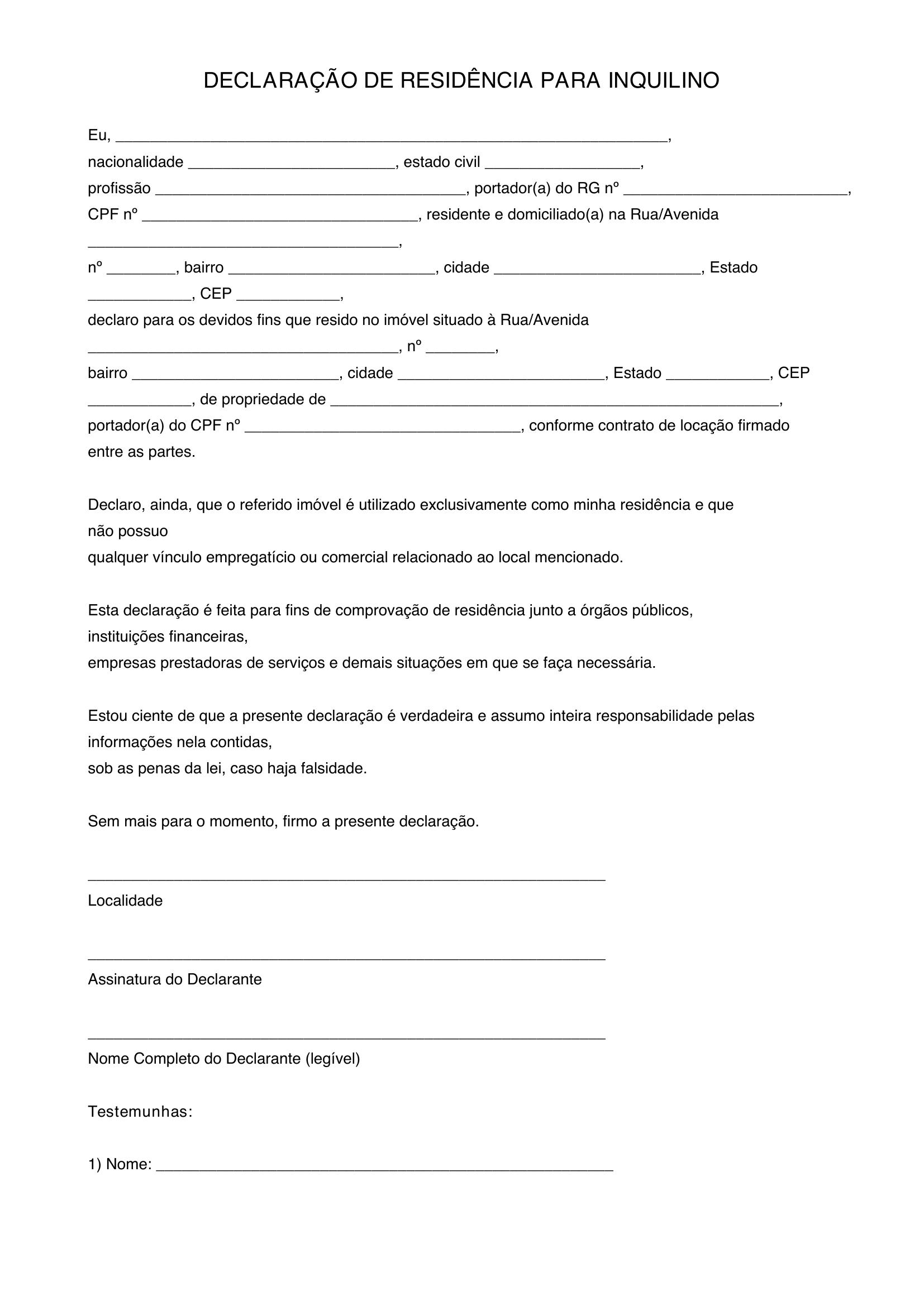 Modelo De Declaração De Residência Para Inquilino