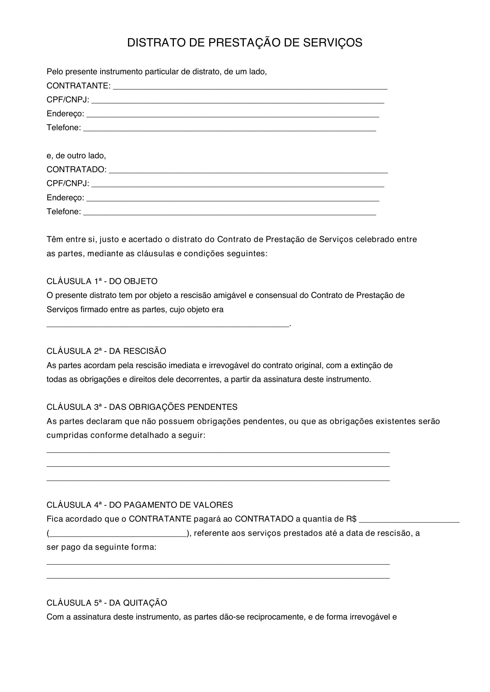 Modelo De Distrato De Prestação De Serviços