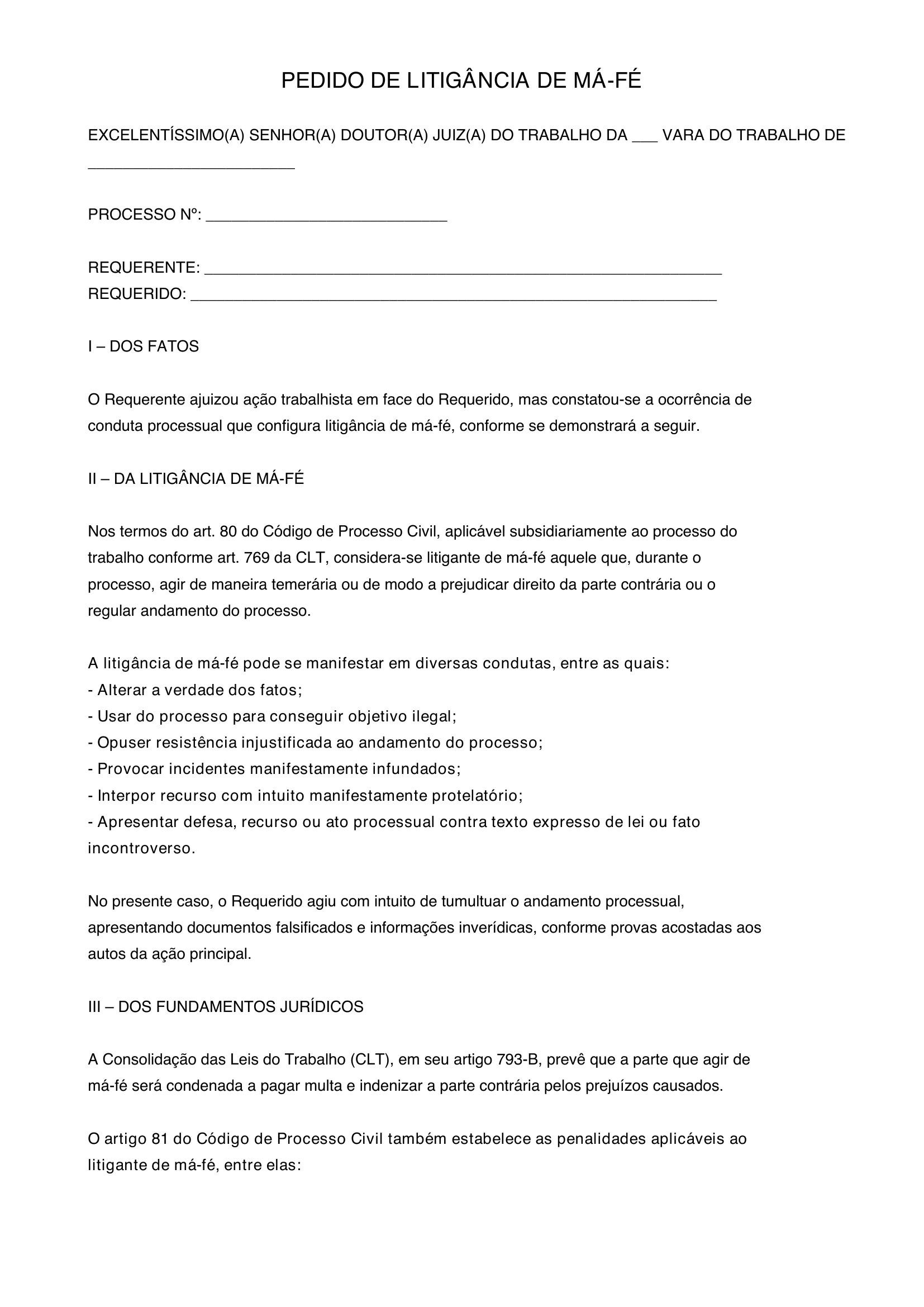 Modelo De Pedido De Litigancia De Ma Fe