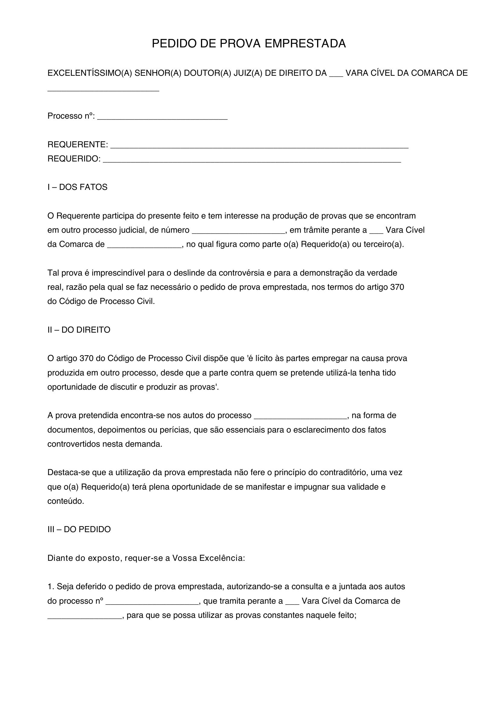 Modelo De Pedido De Prova Emprestada