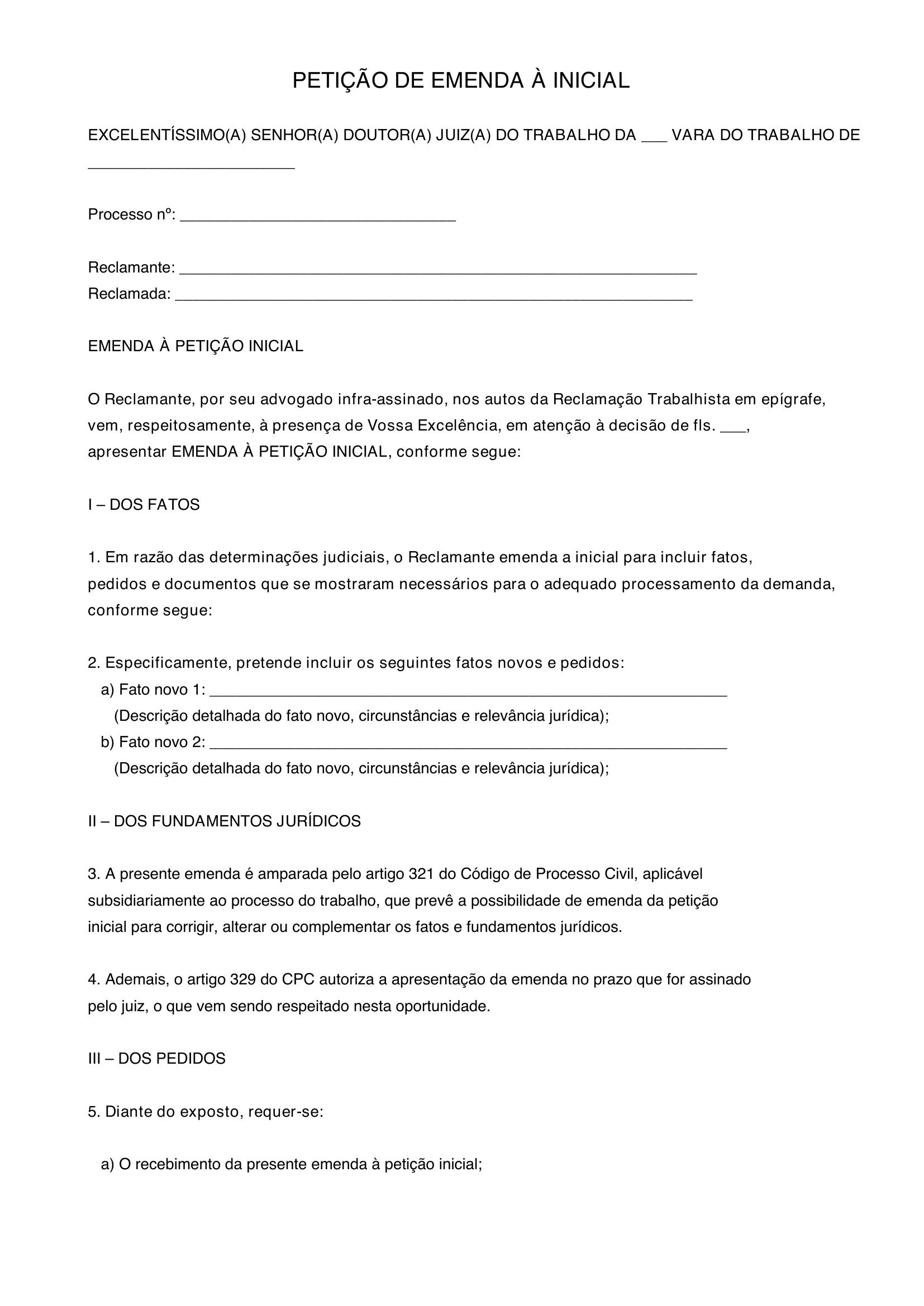 Modelo De Petição De Emenda A Inicial