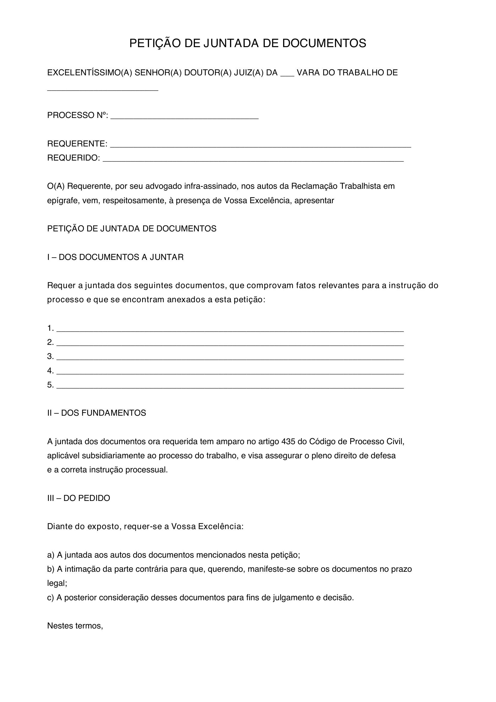 Modelo De Petição De Juntada De Documentos