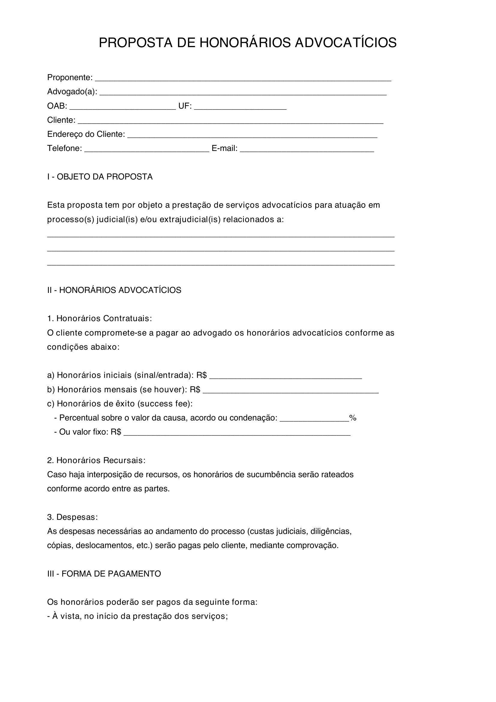 Modelo De Proposta De Honorários Advocatícios