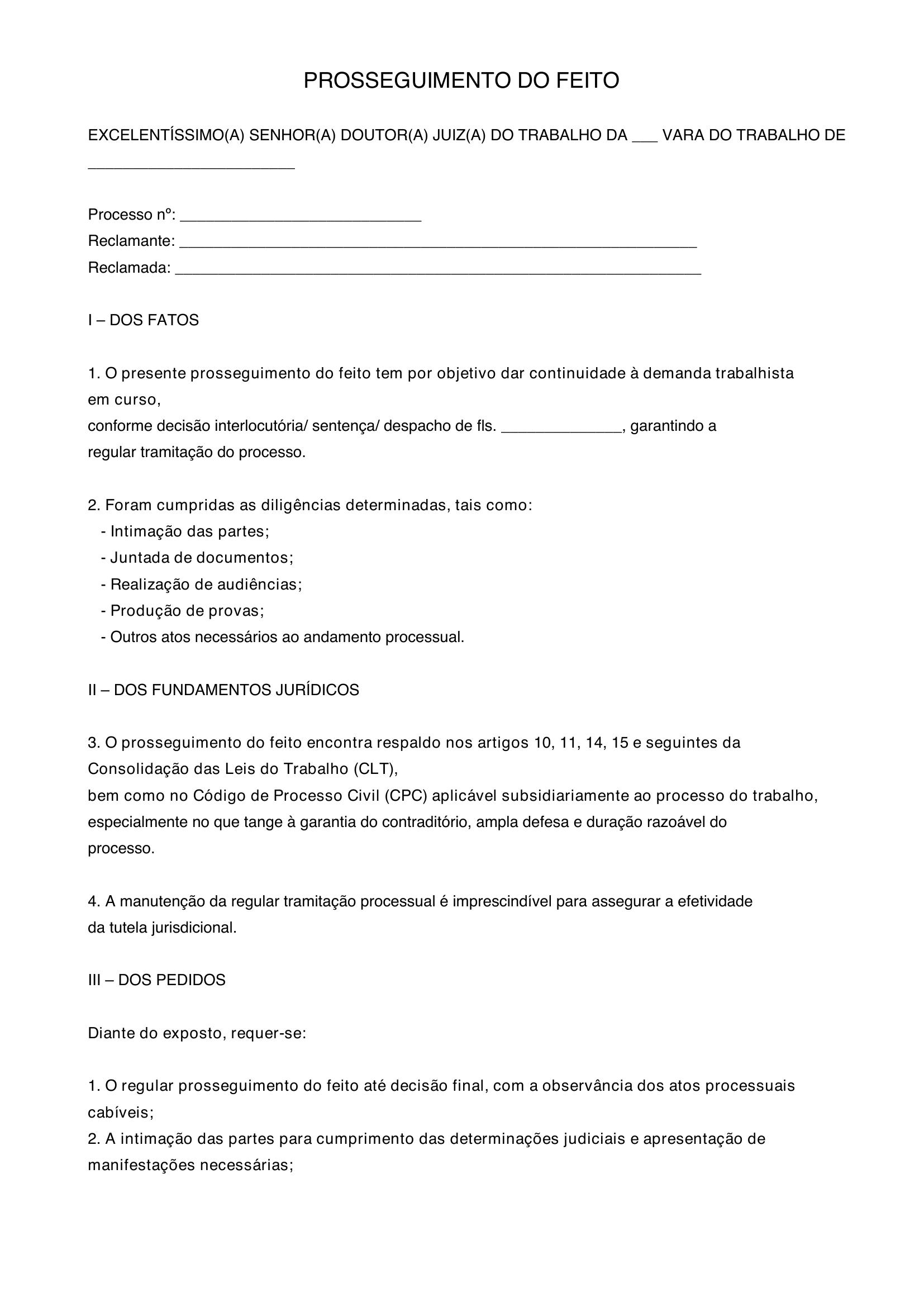 Modelo De Prosseguimento Do Feito
