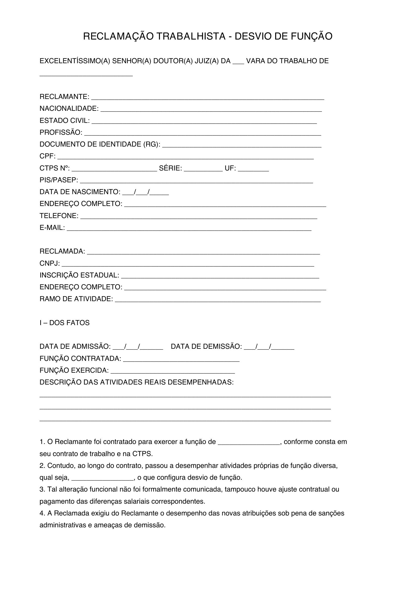 Modelo Reclamação Trabalhista Desvio De Função