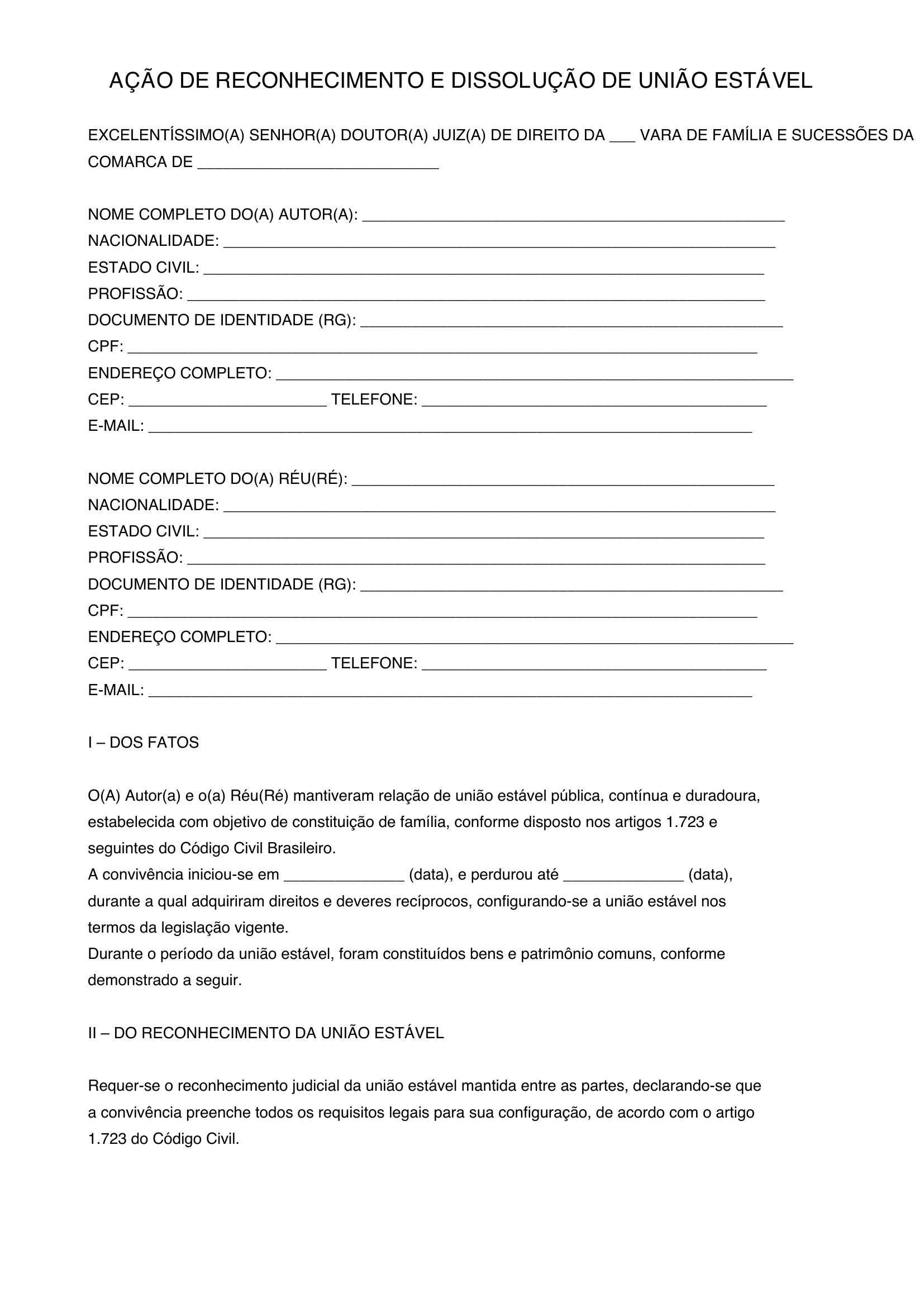 Modelo De Reconhecimento E Dissolução De União Estável