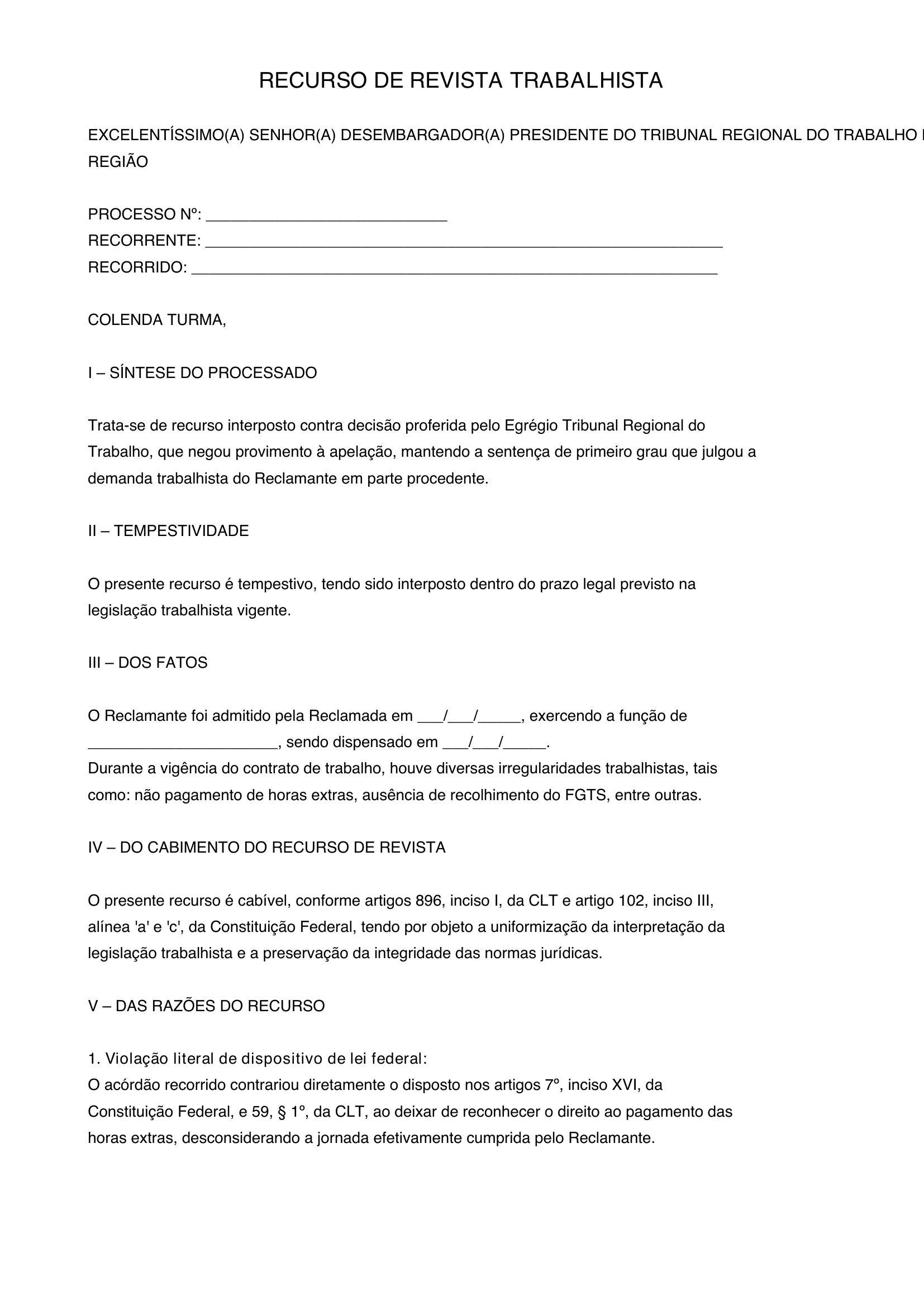 Recurso De Revista Trabalhista Modelo
