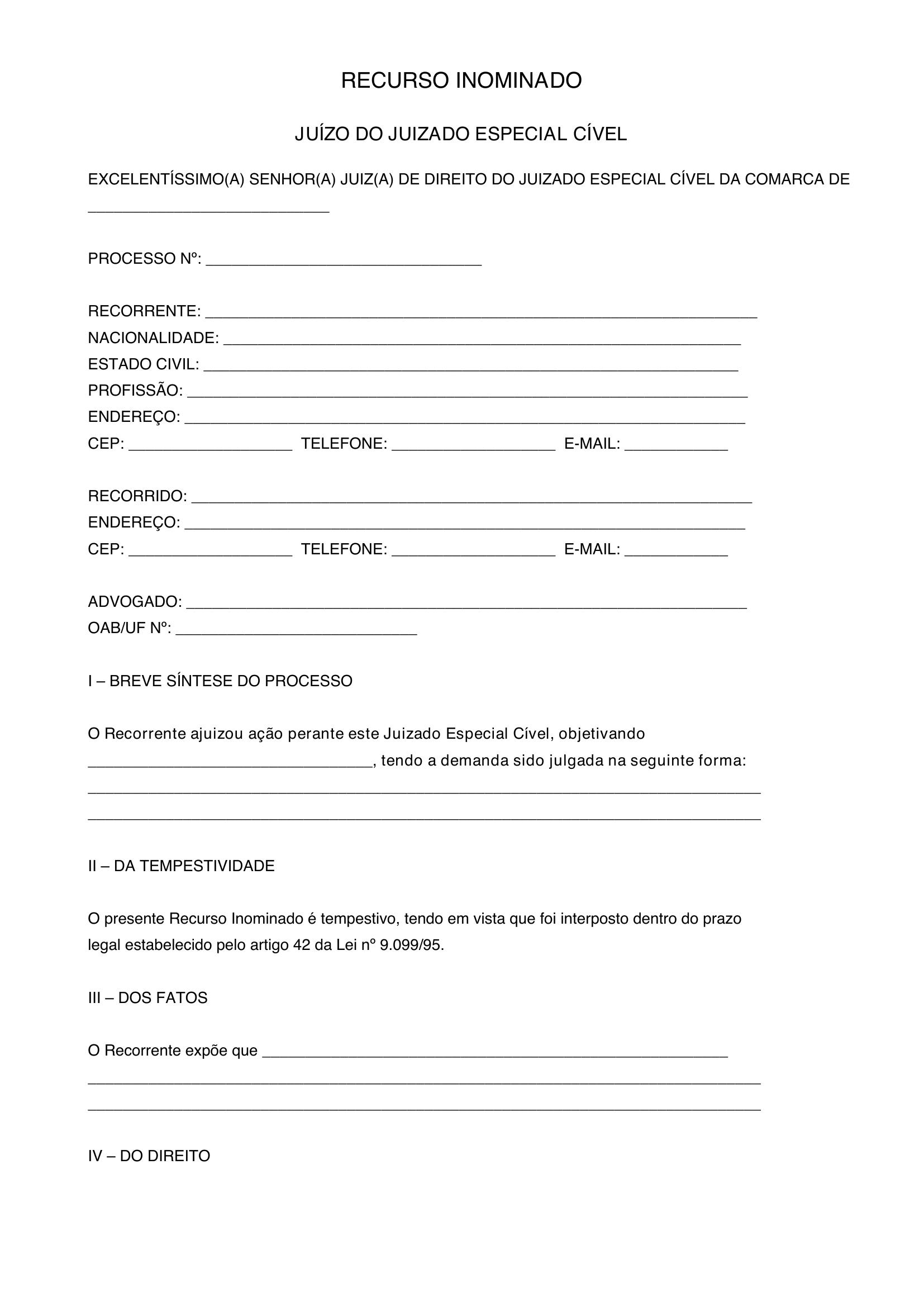 Modelo Recurso Inominado Juizado Especial Civel