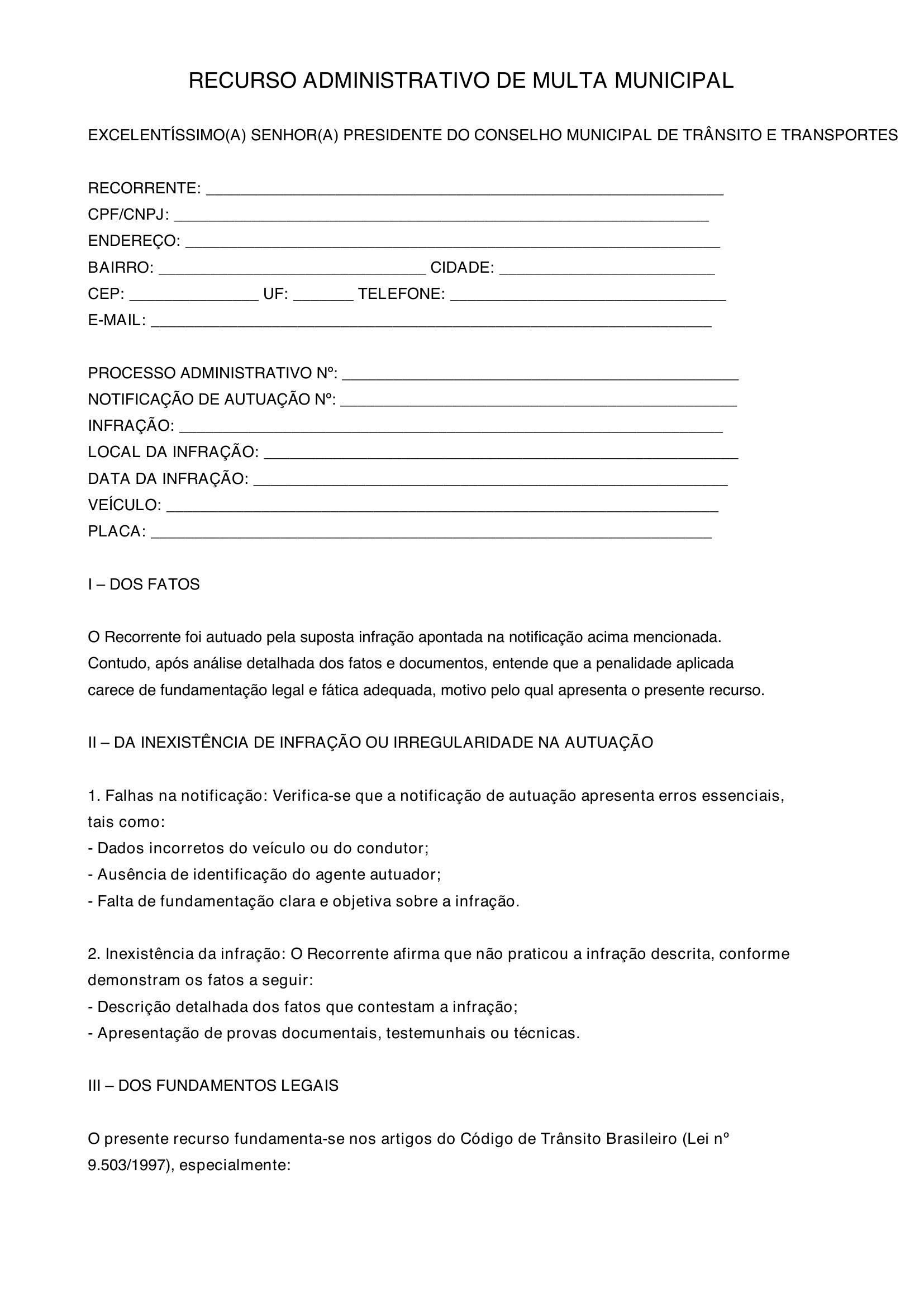 Modelo Recurso Multa Prefeitura