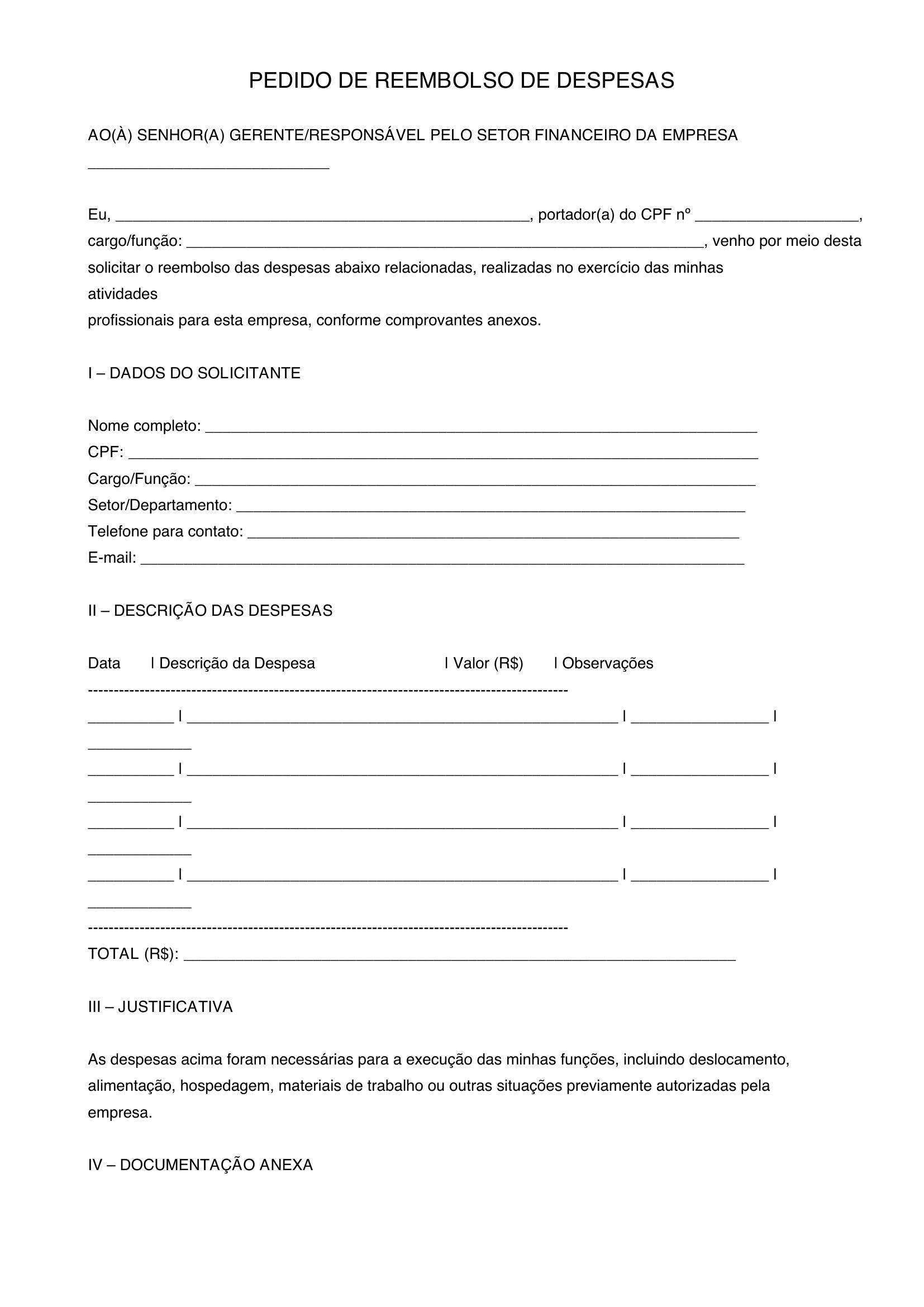Modelo De Reembolso De Despesas