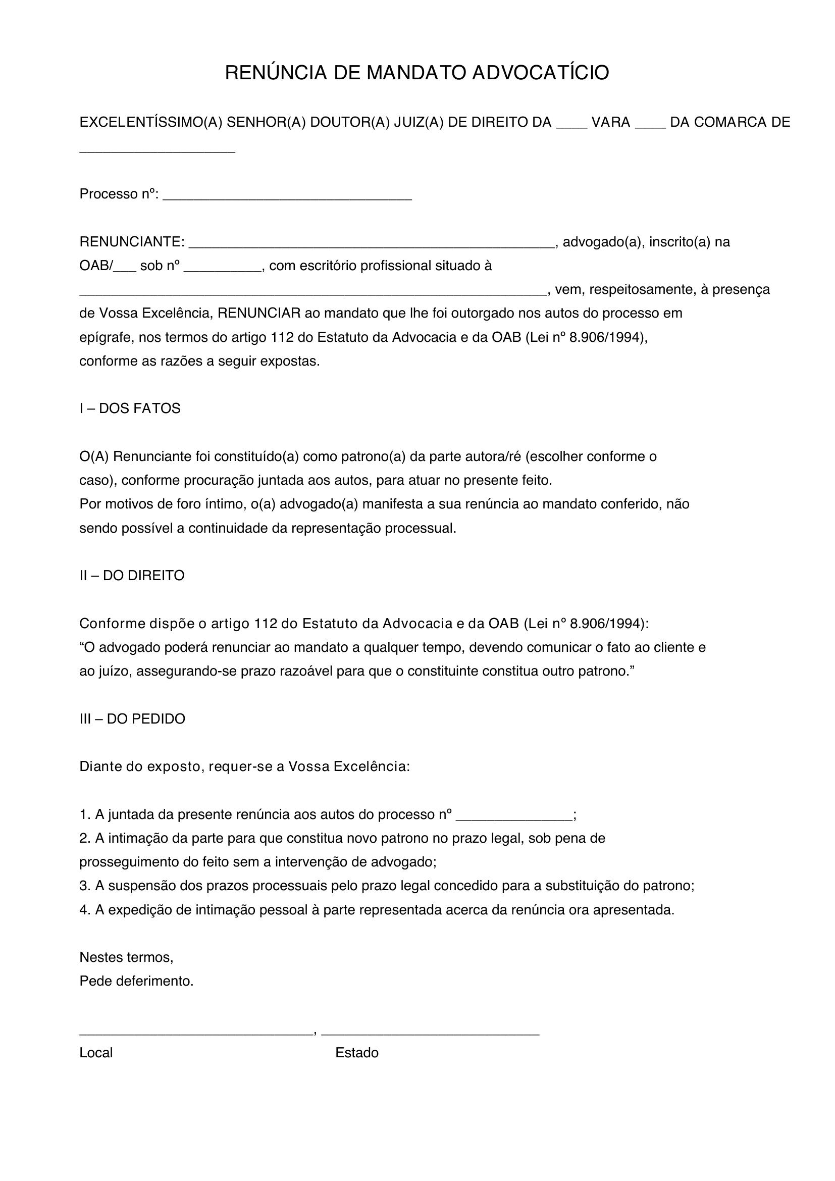 Modelo De Renuncia De Mandato Advogado