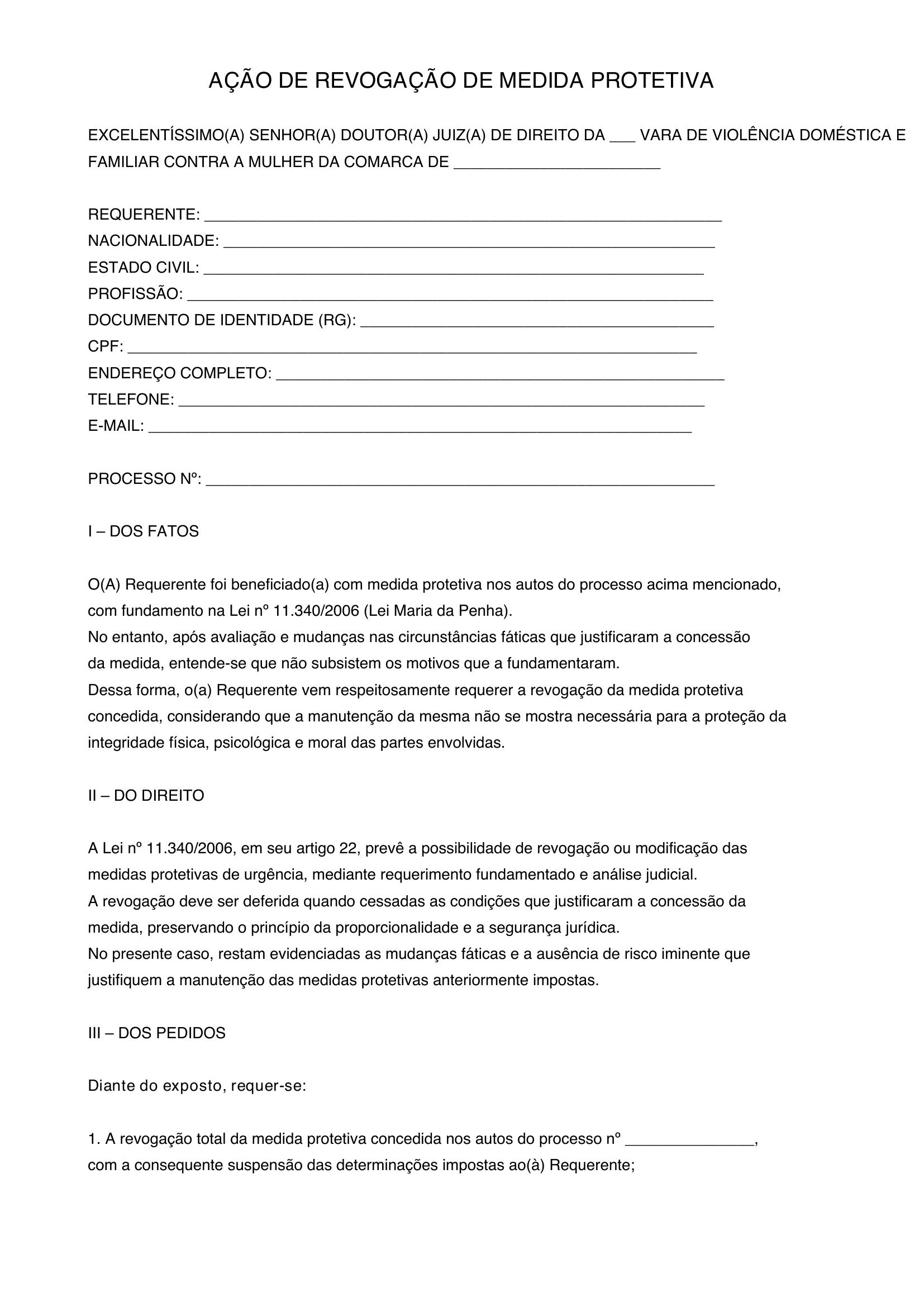Modelo De Revogação De Medida Protetiva